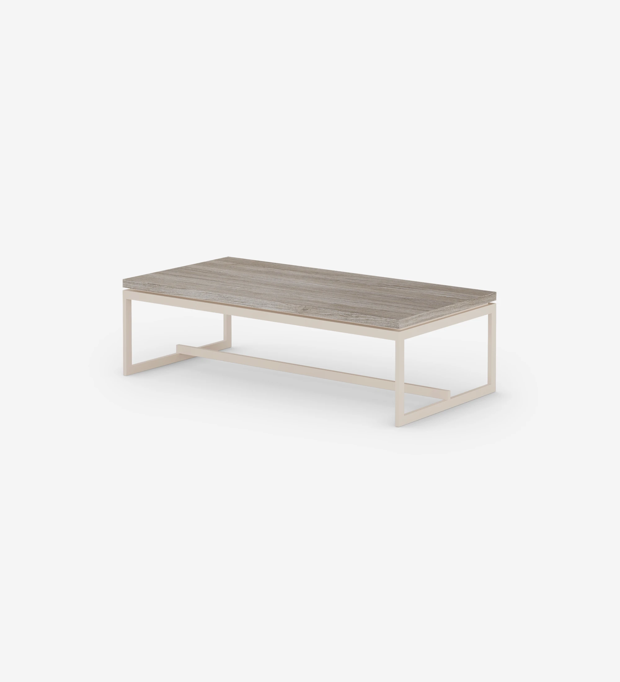Chicago rectangular center table, decapé oak top, pearl lacquered metal feet, 120 x 60 cm.
