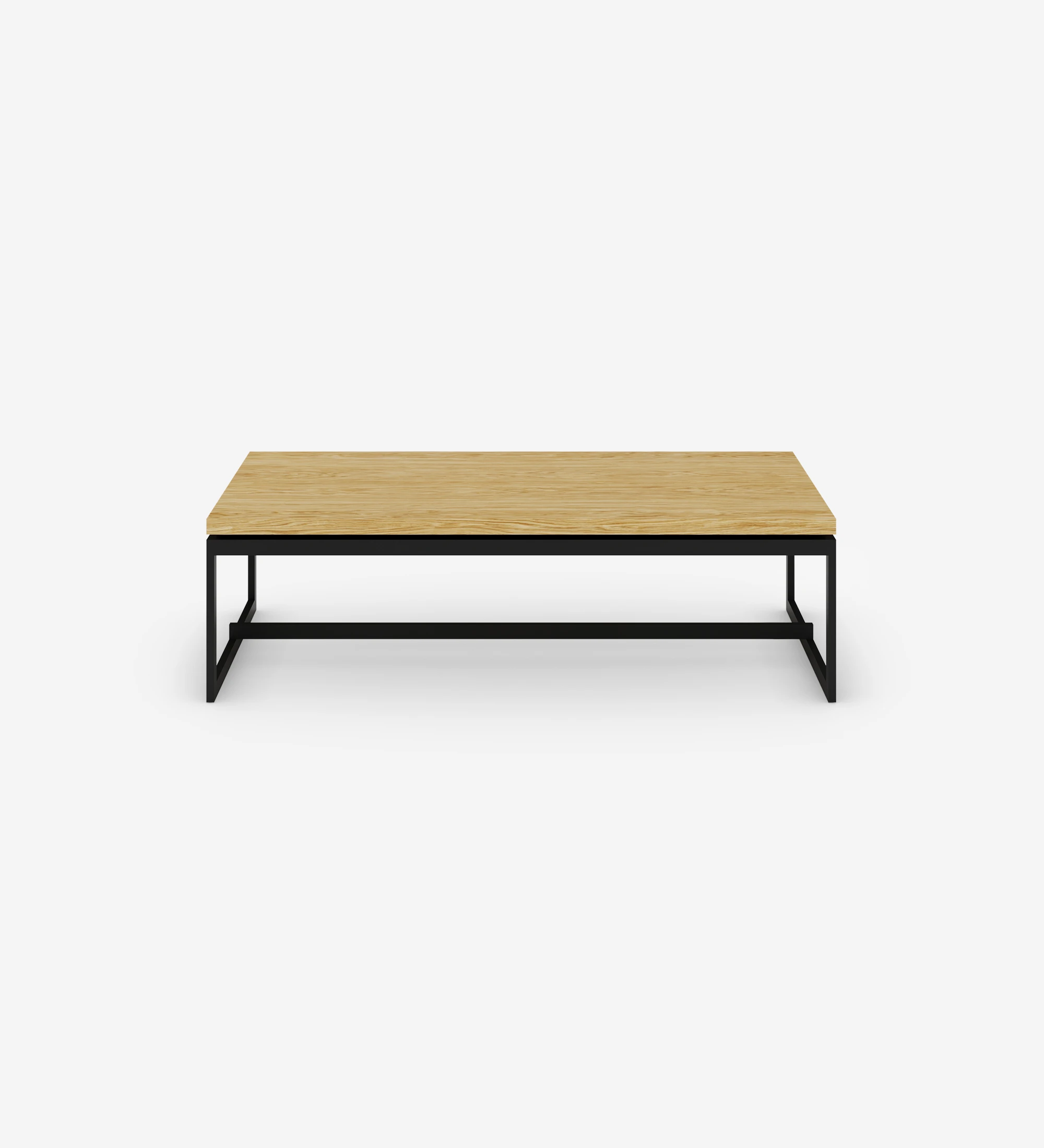 Table basse Chicago rectangulaire, plateau en chêne naturel, pieds en métal laqué noir, 120 x 60 cm.