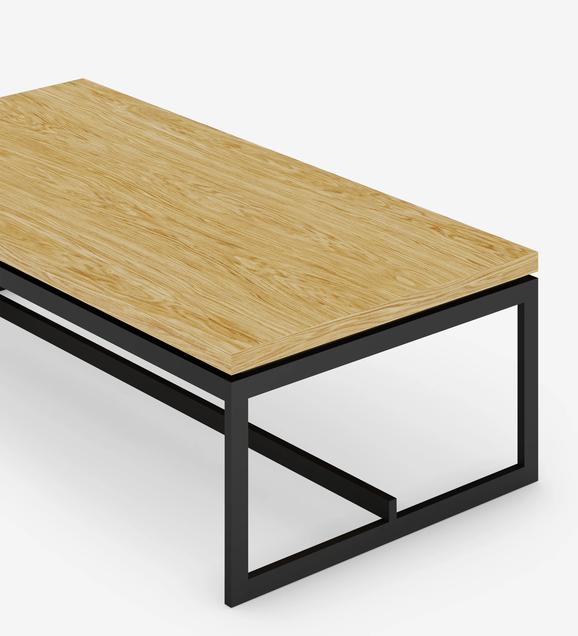 Table basse Chicago rectangulaire, plateau en chêne naturel, pieds en métal laqué noir, 120 x 60 cm.