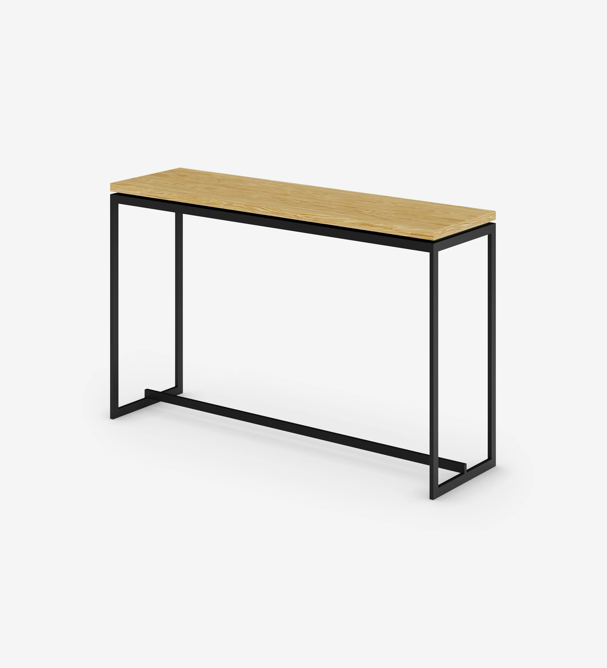 Simple console with natural oak top and black lacquered metal feet