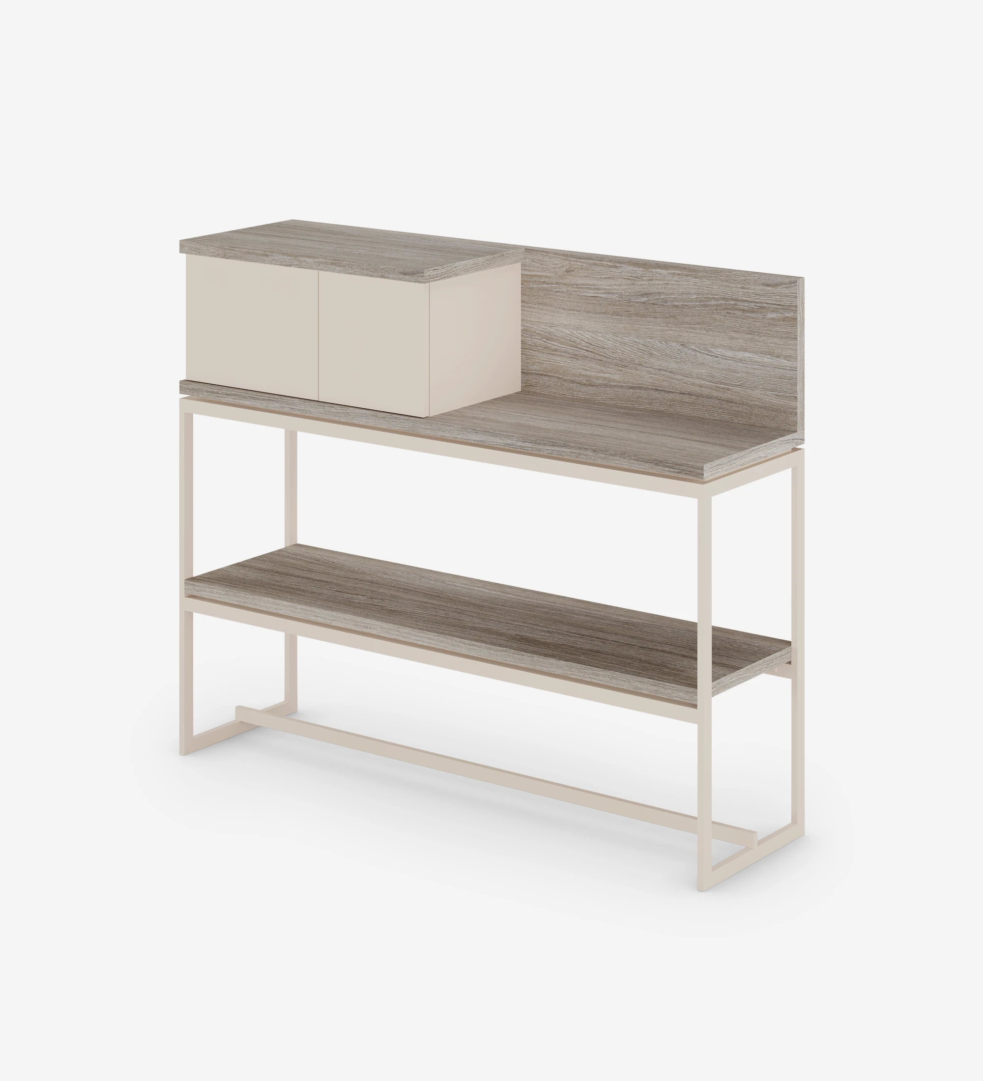 Console with tops and shelf in decapé oak, module with 2 doors lacquered in pearl and metallic feet lacquered in pearl