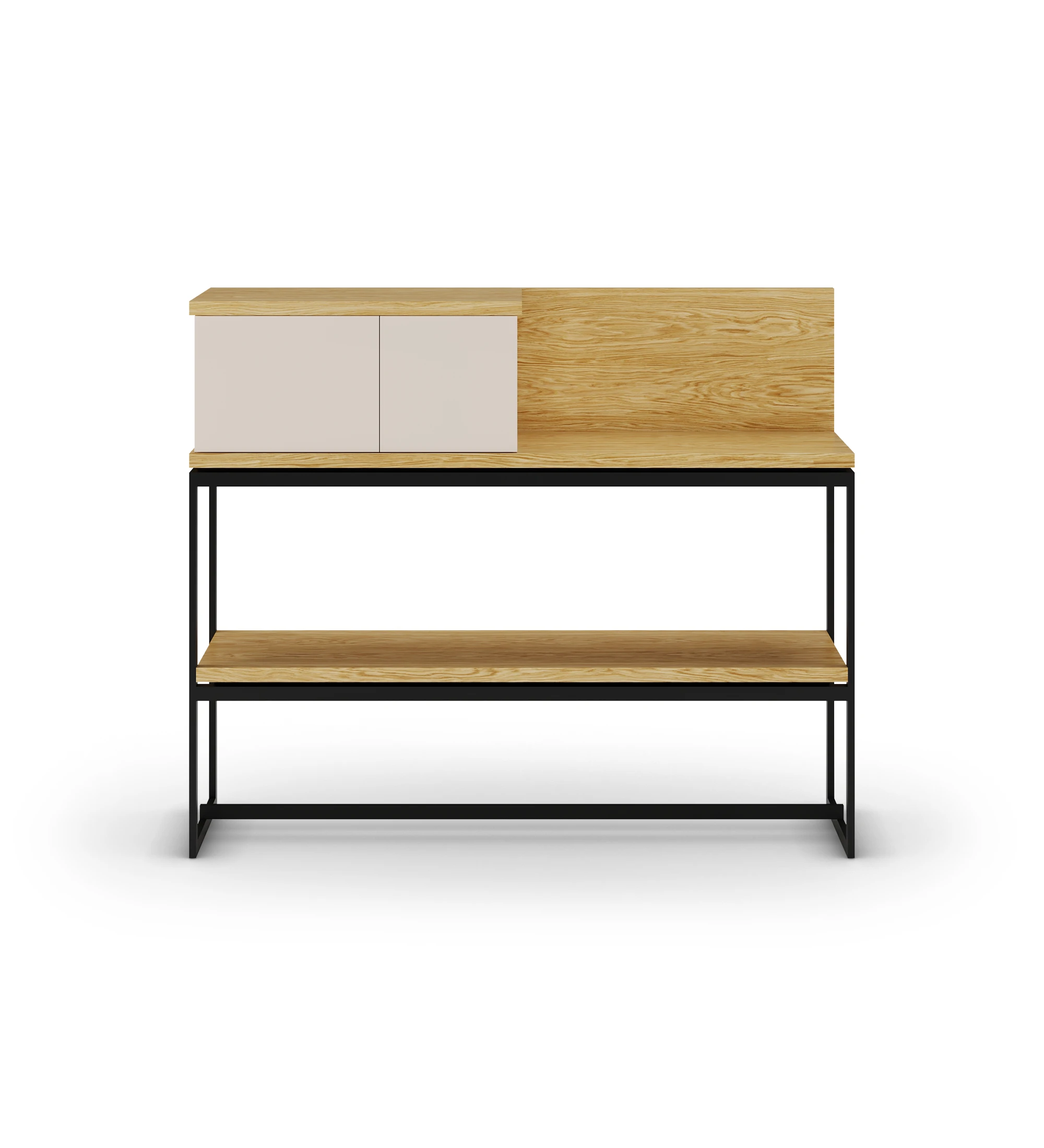 Console with tops and shelf in natural oak, module with 2 doors lacquered in black and metallic feet lacquered in black