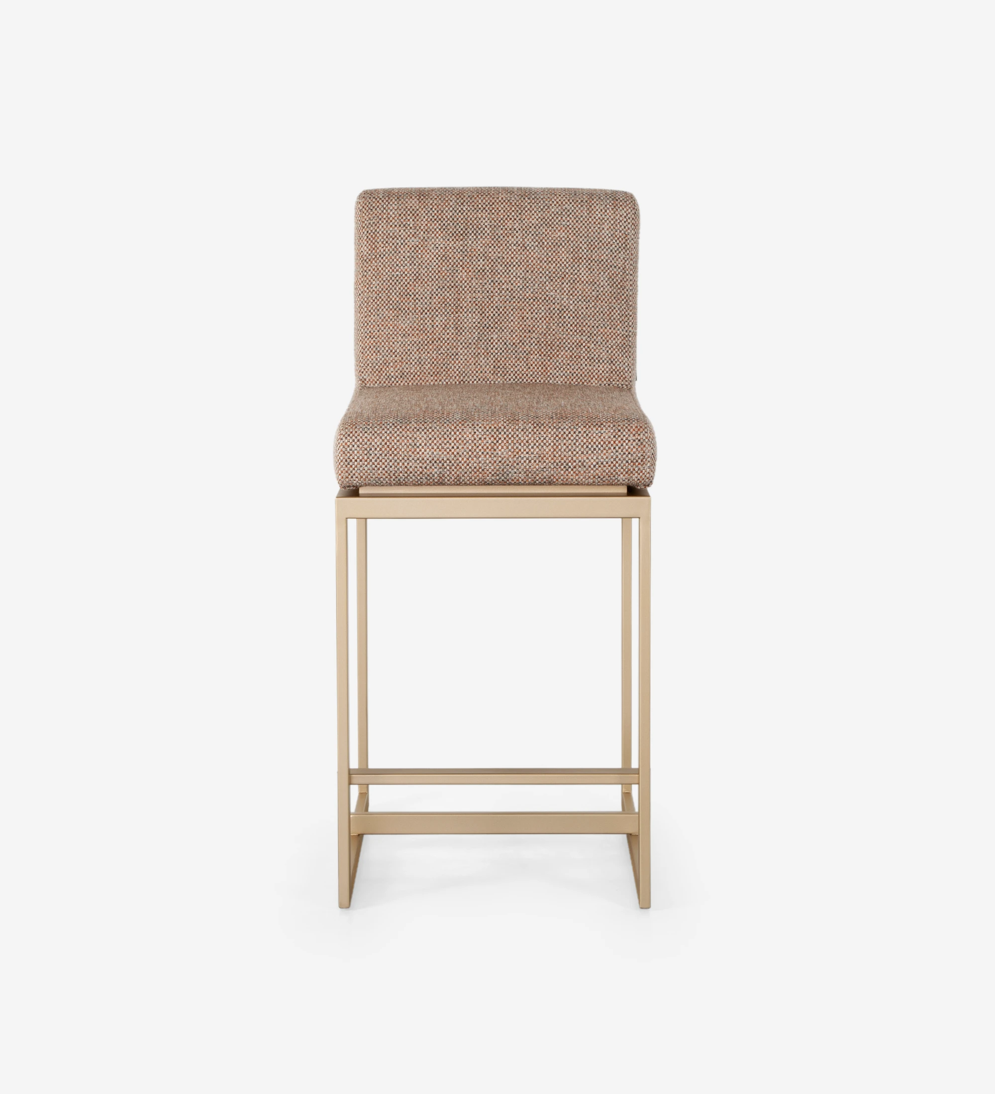 Taburete con asiento y respaldo tapizados en tela, con estructura de metal lacado en dorado