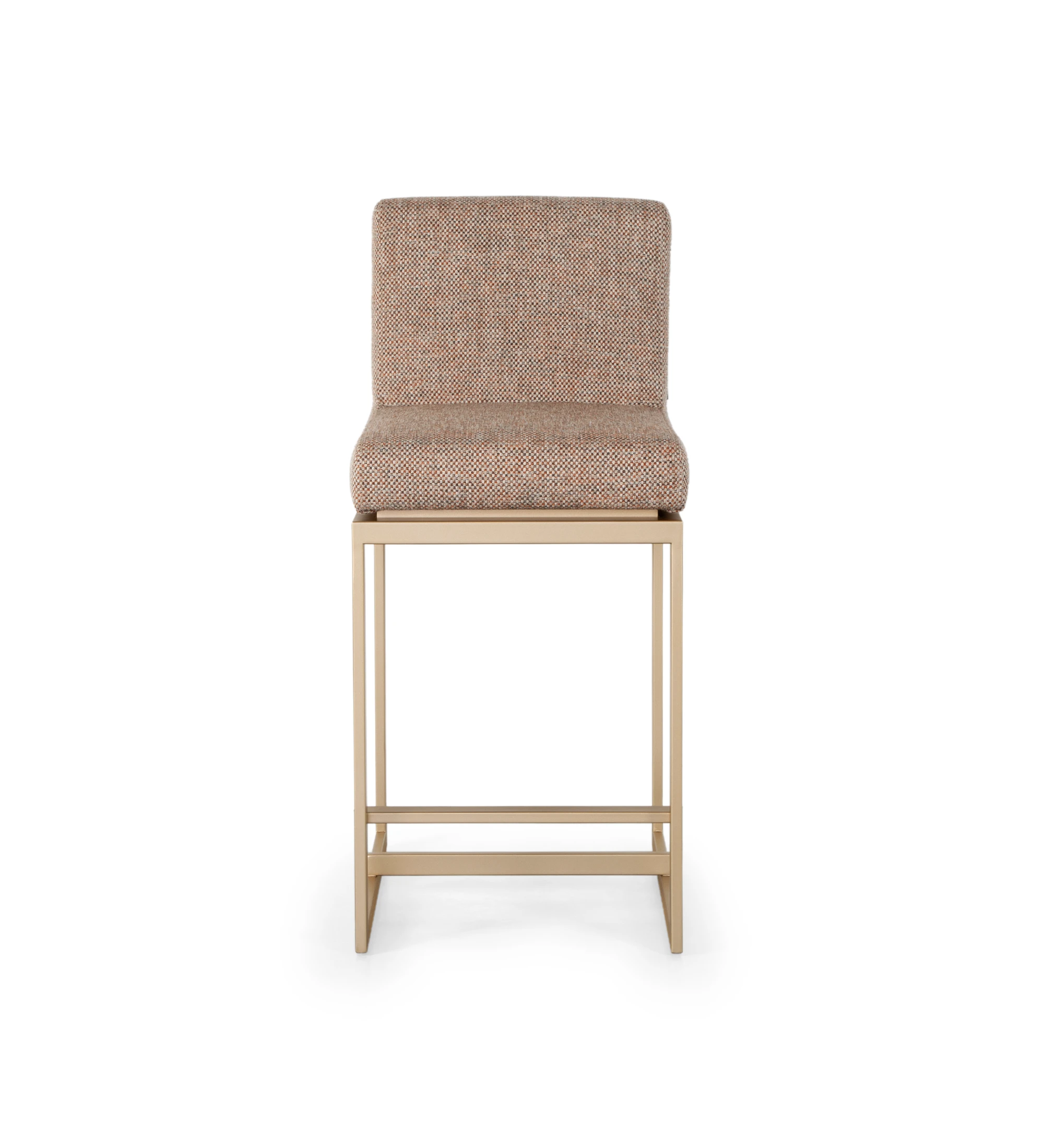 Taburete con asiento y respaldo tapizados en tela, con estructura de metal lacado en dorado