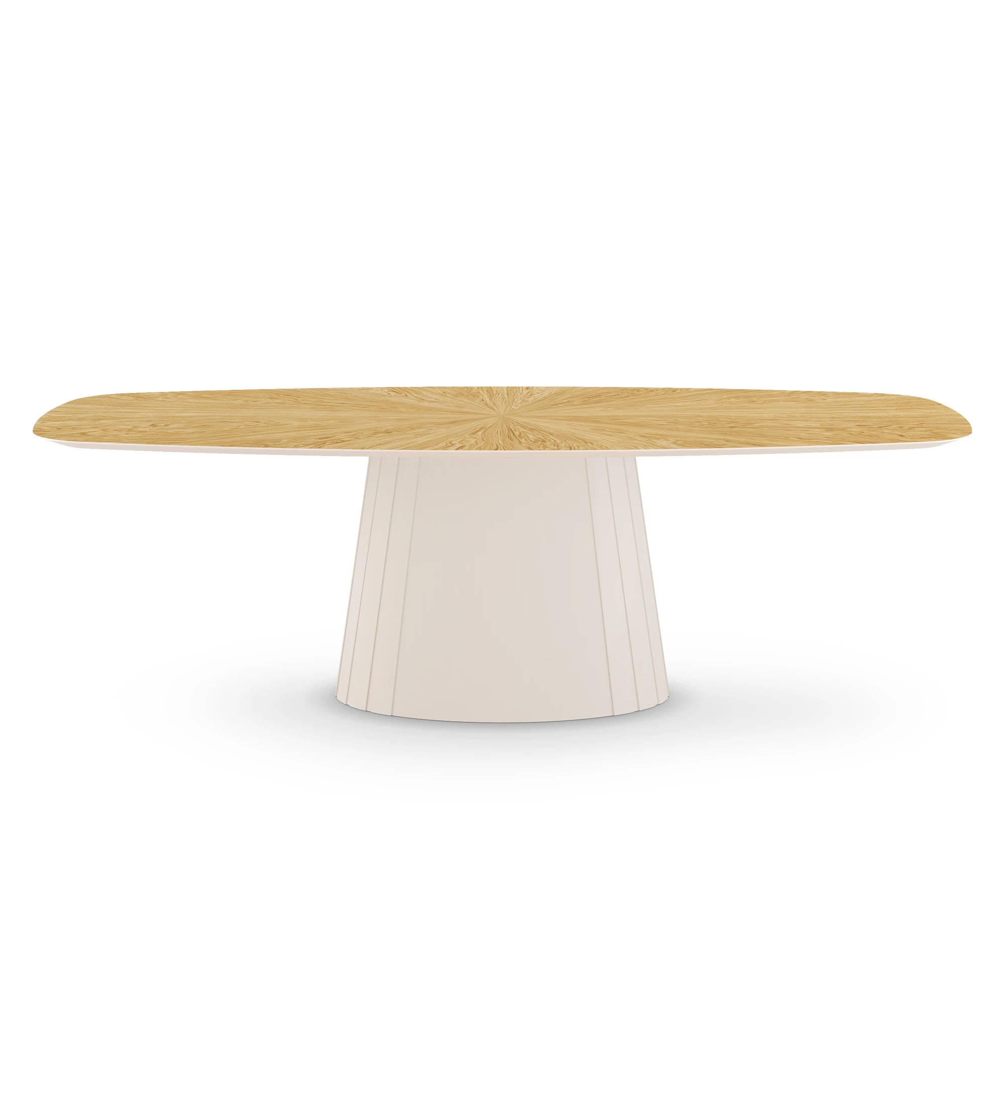 Cannes oval dining table 250 x 110 cm, natural oak top, pearl lacquered foot.