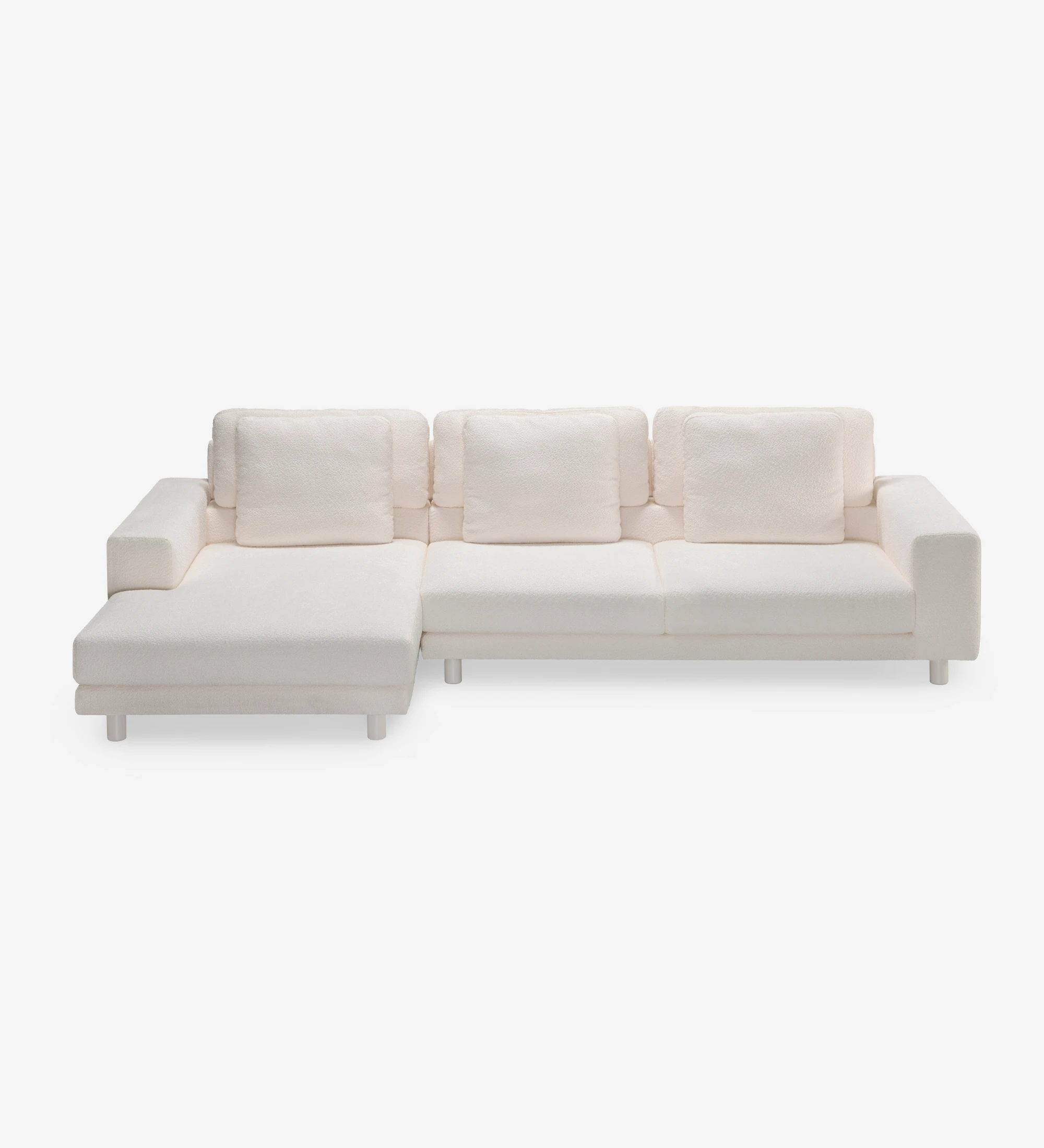 Sofá Dallas 3 plazas y chaise longue izquierda, tapizado en tela beige, cojines respaldo abatibles, pies lacados perla, 318 cm.