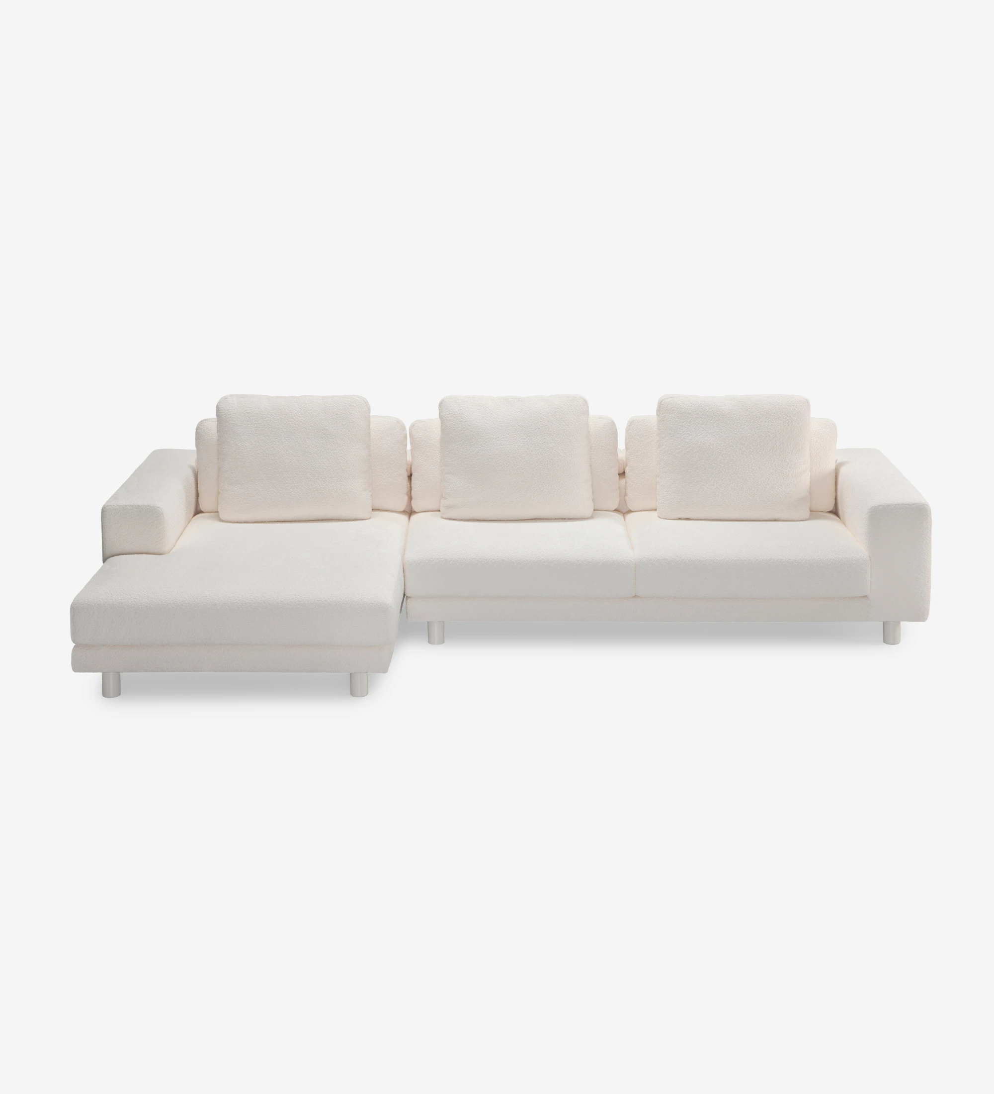 Canapé Dallas 3 places avec chaise longue gauche, recouvert en tissu beige, coussins de dossier rabattables, pieds laqué perle, 318 cm.