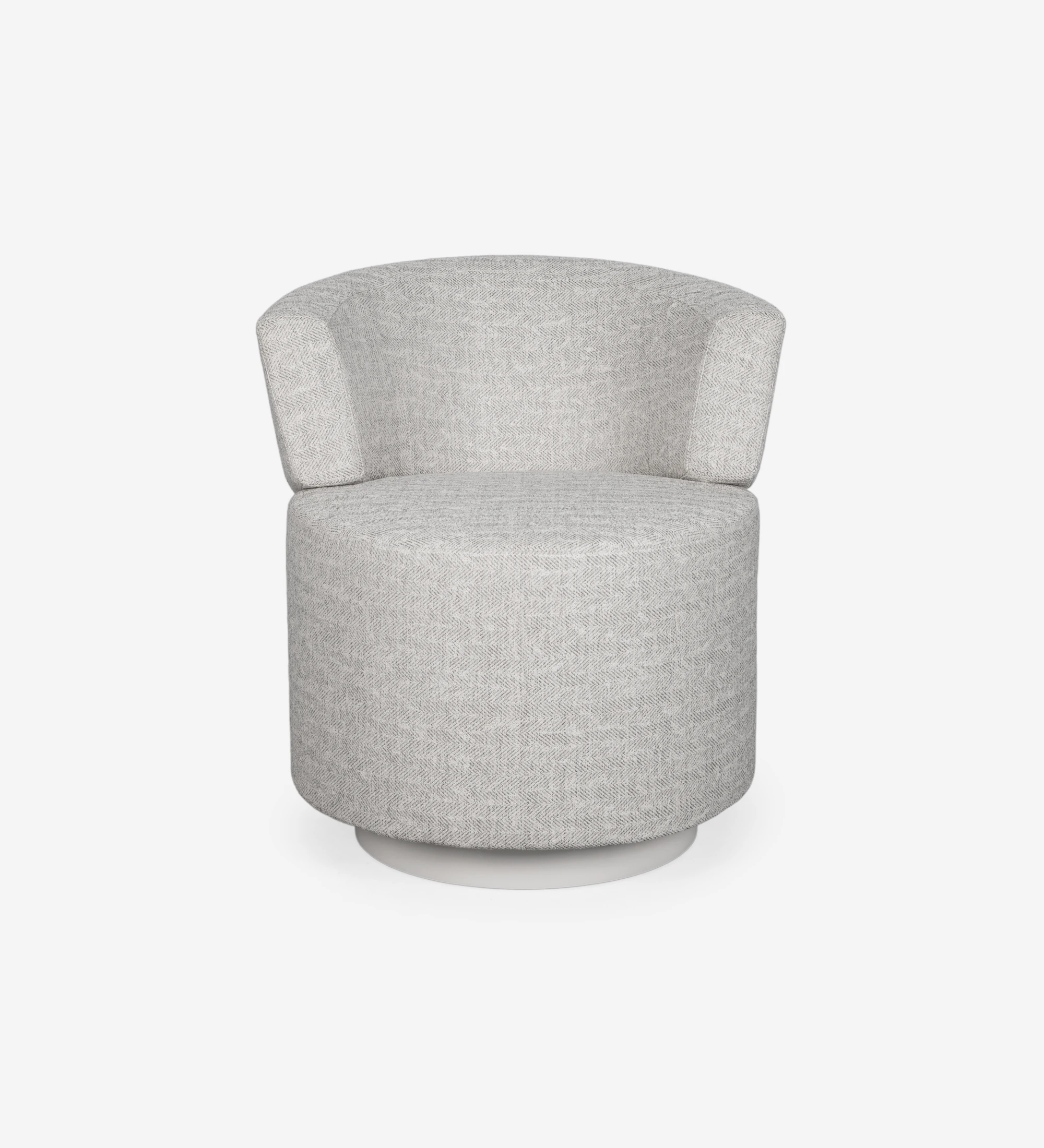 Londres swivel armchair, upholstered in light gray fabric, pearl lacquered baseboard.