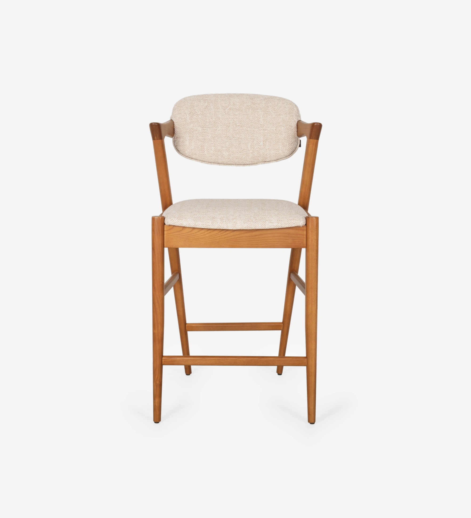 Stool in honey-colored ash wood, with seat and back upholstered in fabric.
