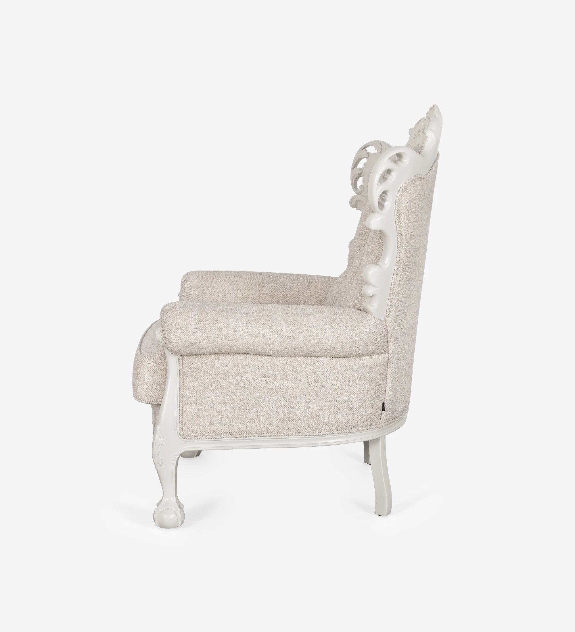Paris armchair upholstered in beige fabric, structure and feet lacquered in pearl.