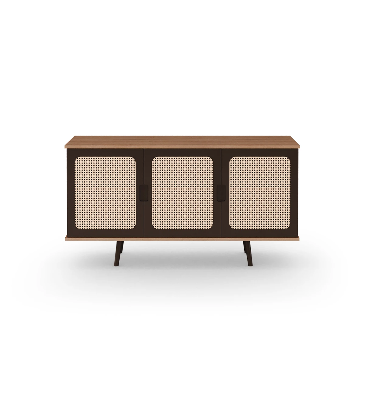 Sideboard with 3 rattan detail doors, dark brown lacquered legs and walnut frame.