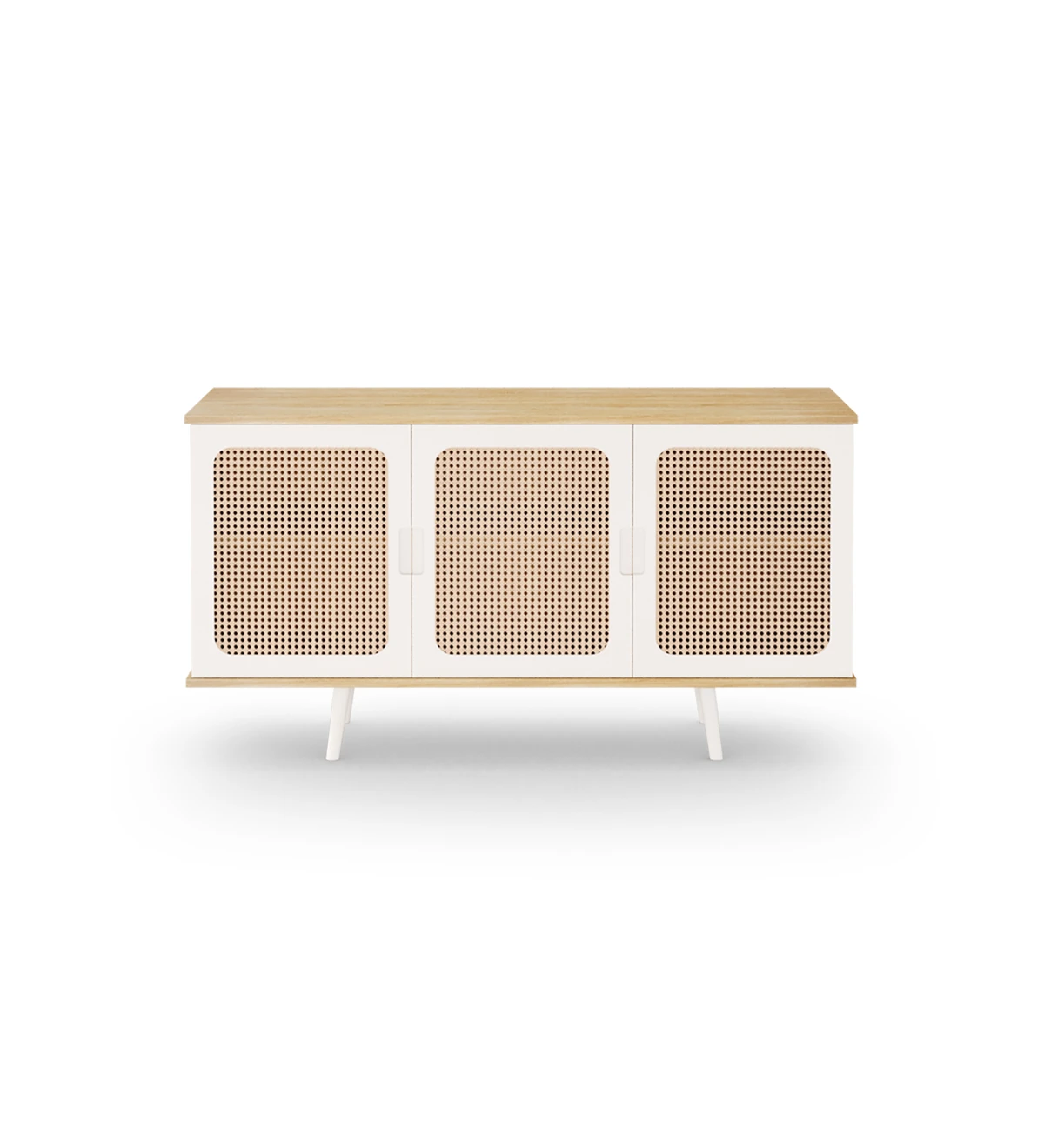 Sideboard with 3 doors detail in rattan, pearl lacquered feet and structure in natural color oak.