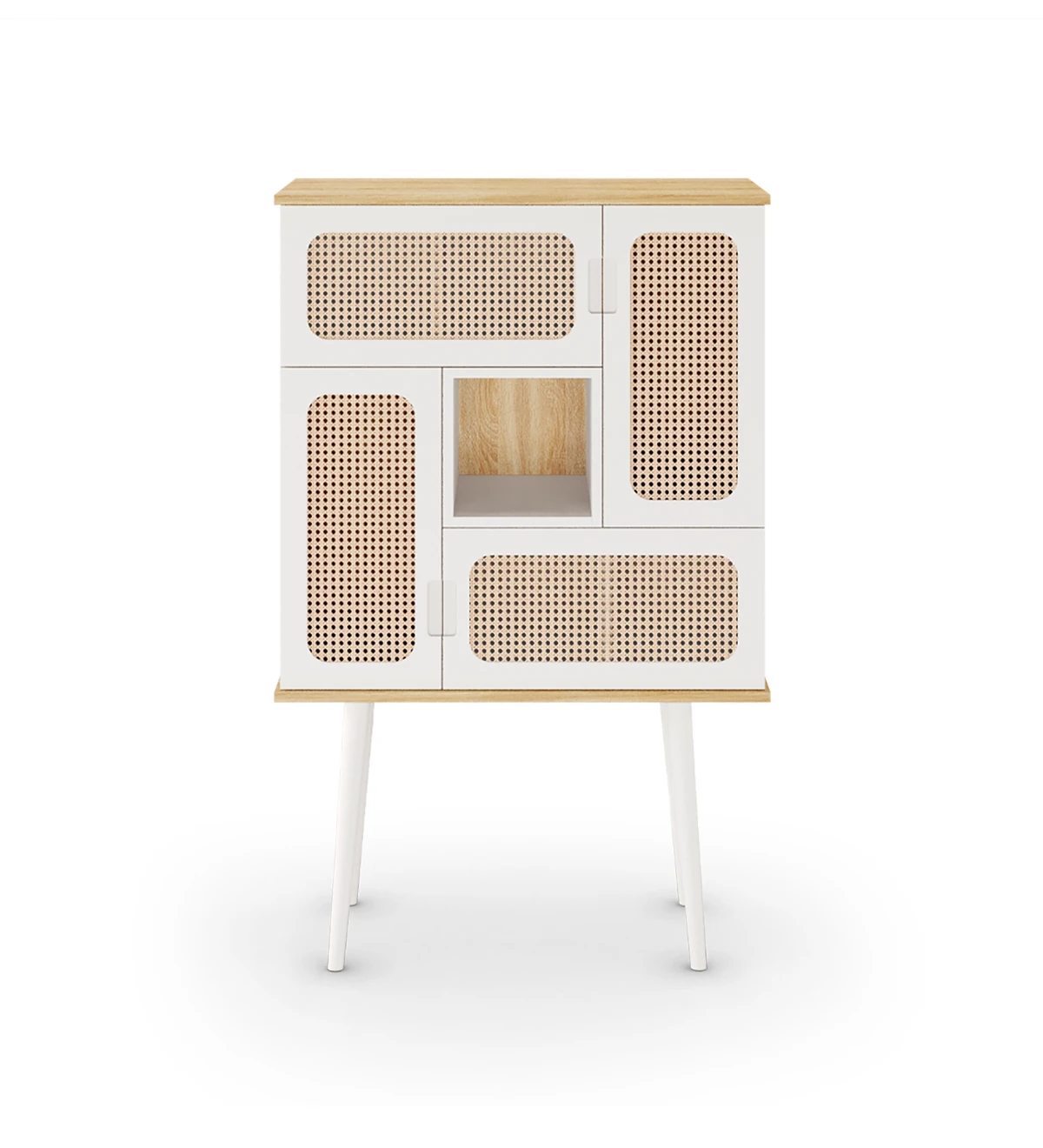 Bar cabinet with 4 rattan detailed doors, natural color oak structure, doors, module and feet lacquered in pearl.