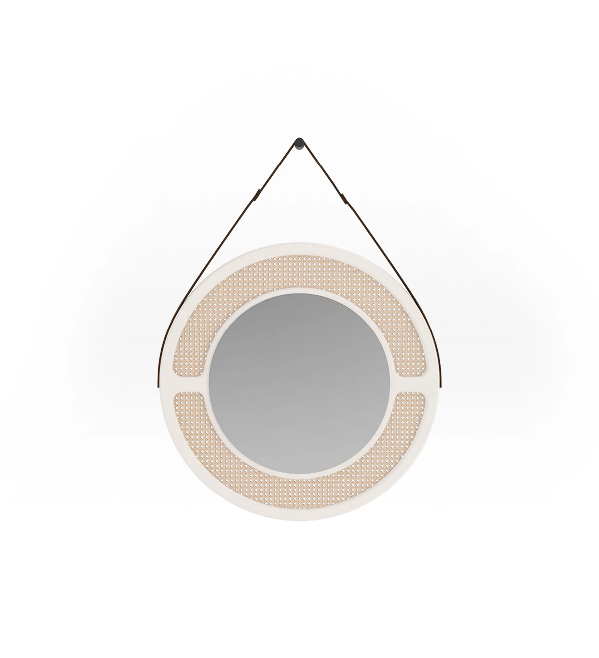 Round mirror, with pearl lacquered frame, rattan detail.