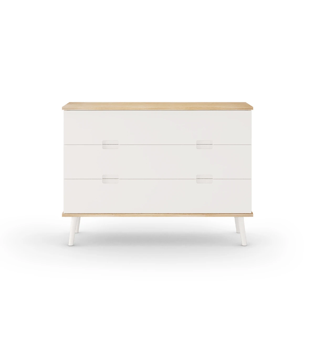 Dresser with 3 drawers with pearl lacquered fronts, pearl lacquered turned legs, natural oak structure.