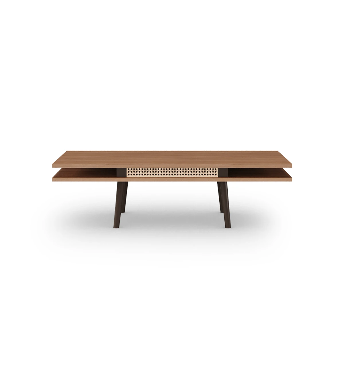 Table basse Malmo rectangulaire, détail en rotin, 2 plateaux en noyer et pieds laqués marron foncé, 120 x 60 cm.