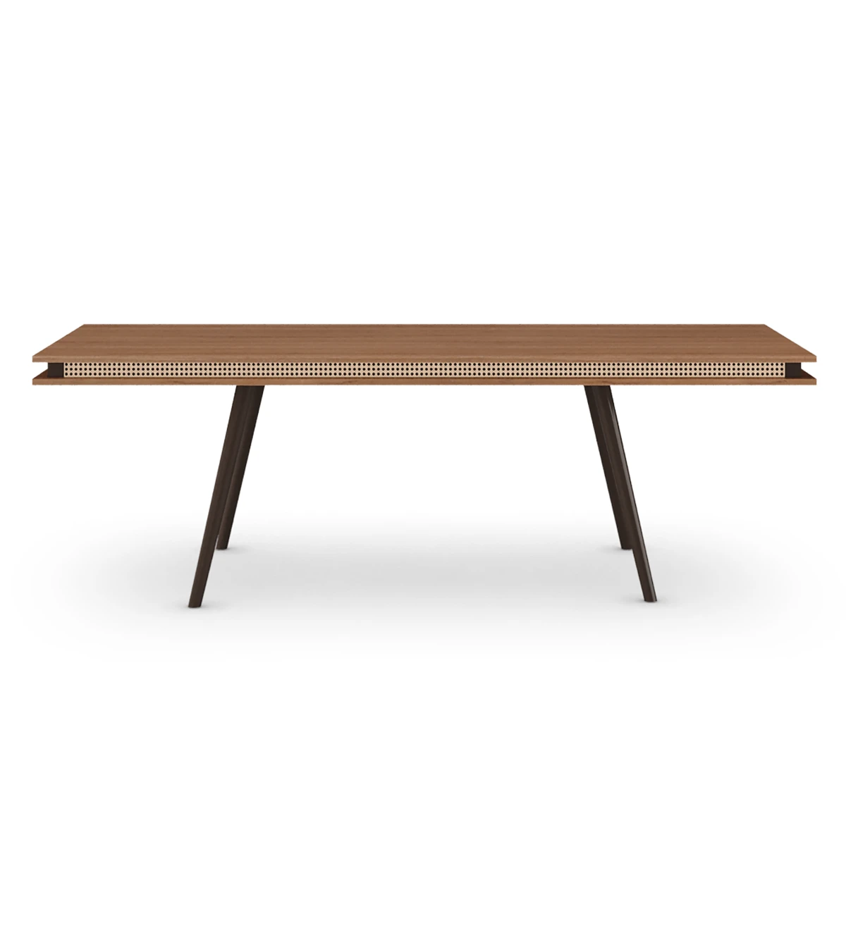 Mesa de comedor rectangular Malmo 240 x 100 cm, tapa en nogal, pies lacados marrón oscuro.