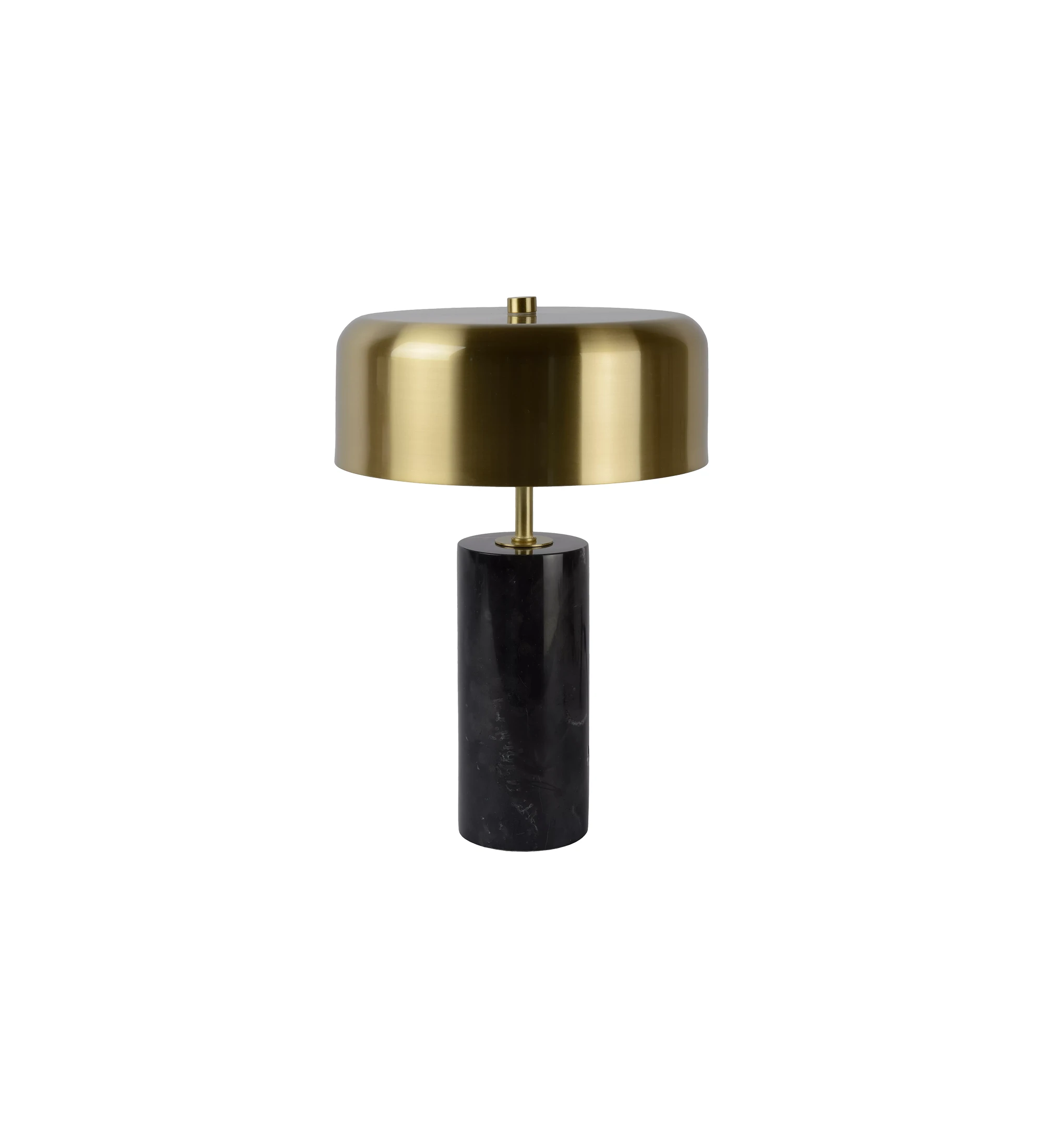 Lámpara de mesa con base de mármol negro y pantalla de latón dorado mate.