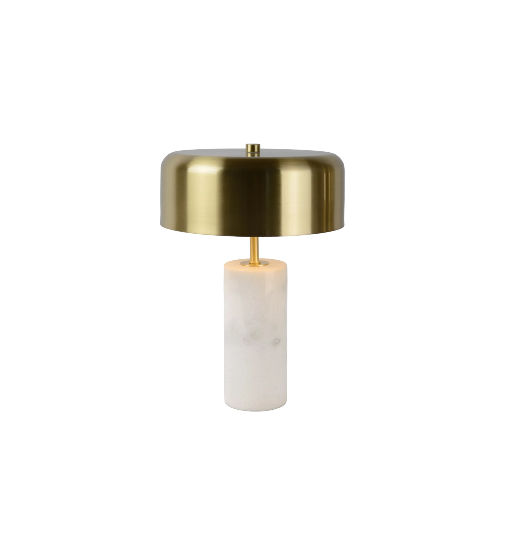 Lampe de table avec base en marbre blanc et abat-jour en laiton doré mat.