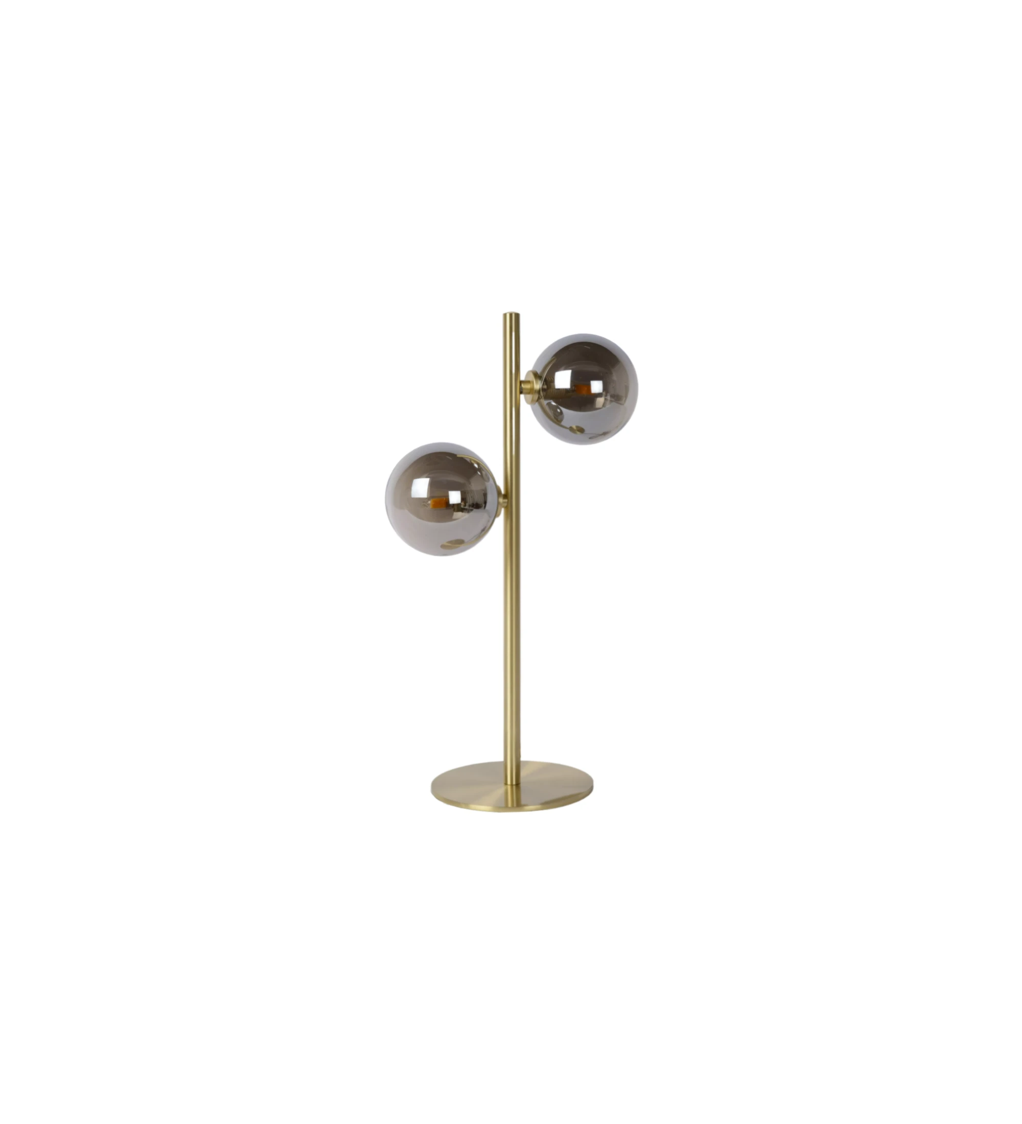  Table lamp in matte gold steel and smoky glass diffusers.