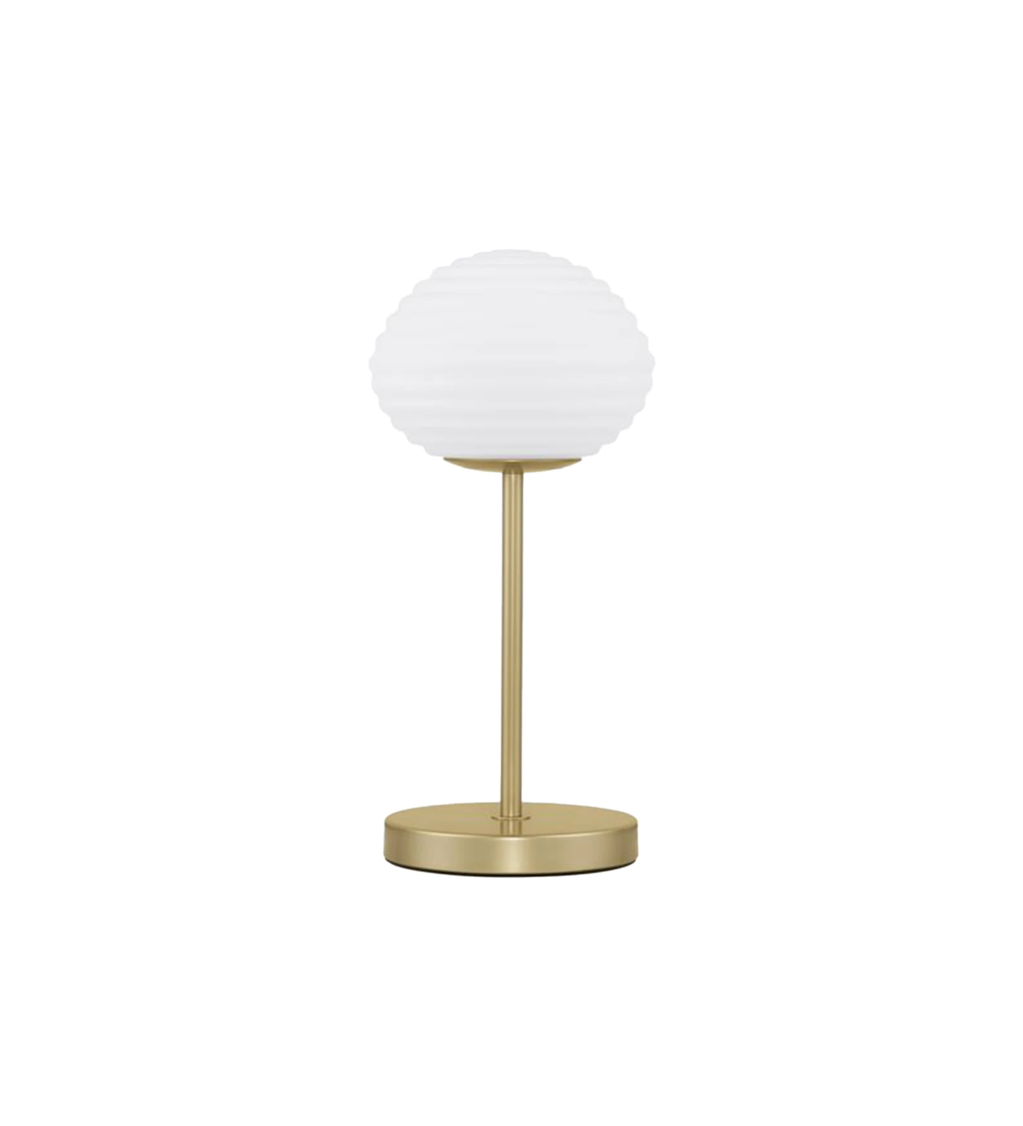 Lampe de table avec base en métal doré mat et abat-jour en verre structuré opale.