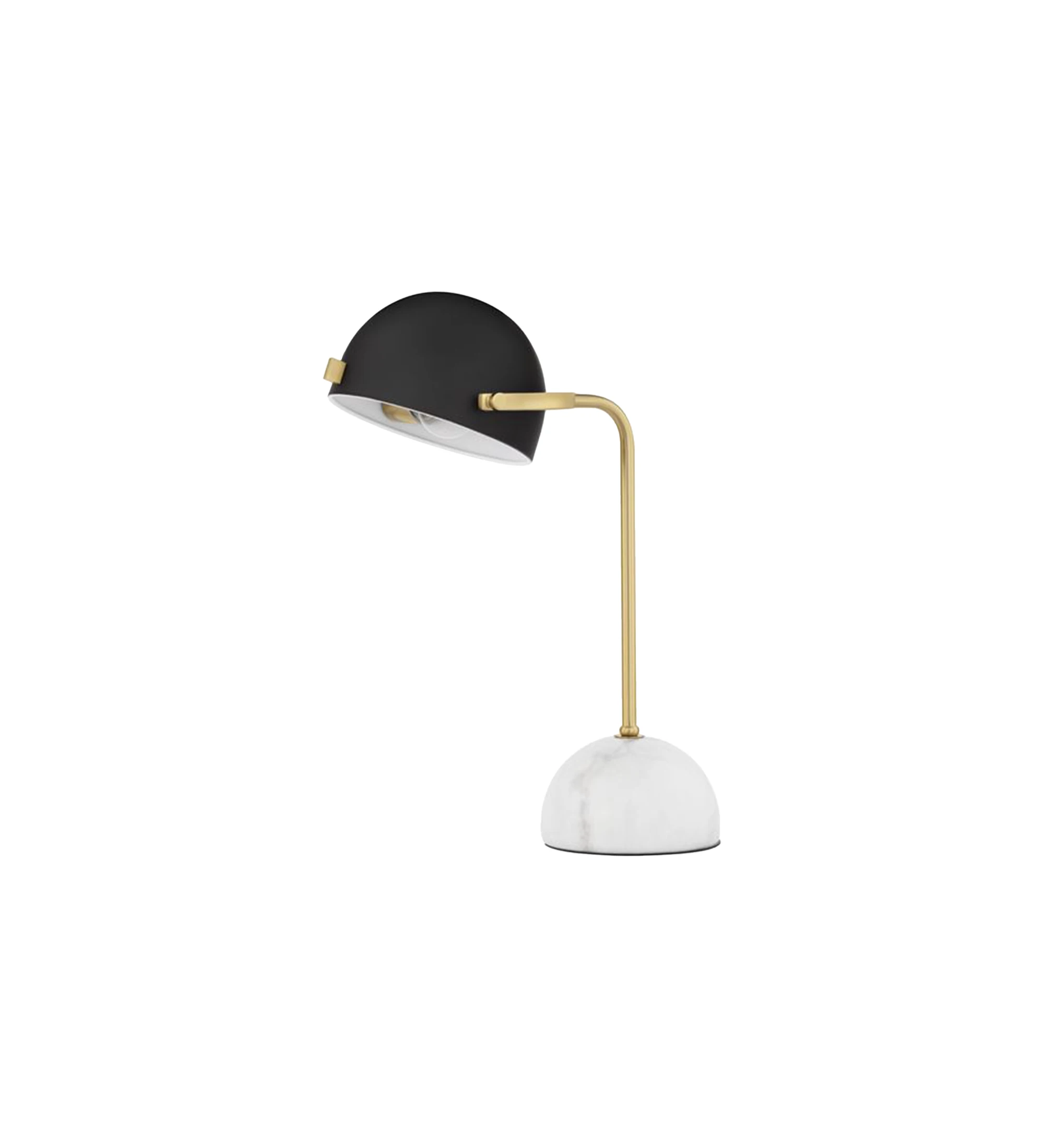 Table lamp with white marble base, golden metal structure and black metal shade.