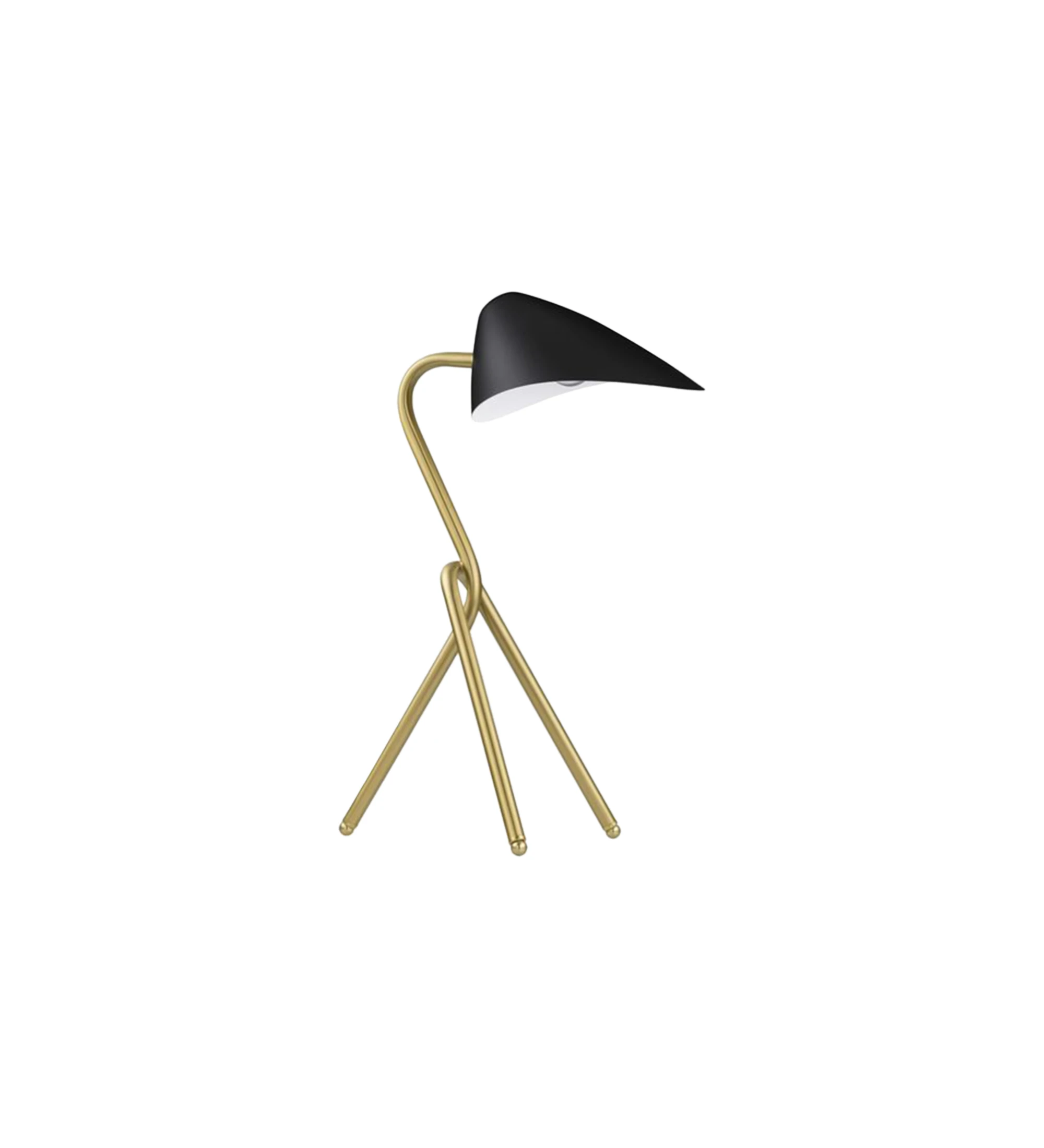 Table lamp with golden aluminum base and black aluminum shade.