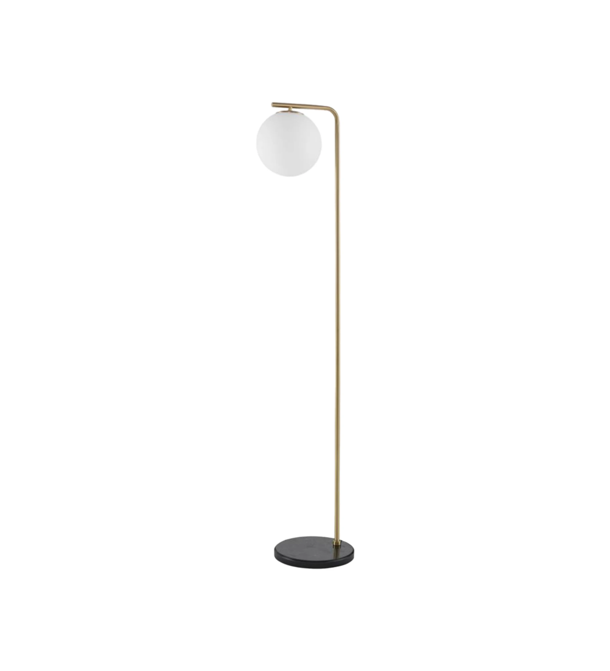  Floor lamp with black marble base, golden metal structure and opal glass diffuser.