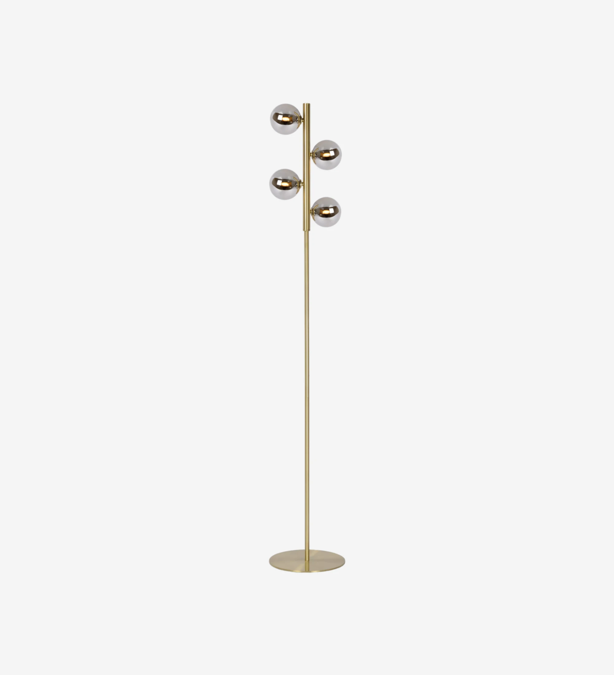 Floor lamp in matte gold steel and smoky glass diffusers.