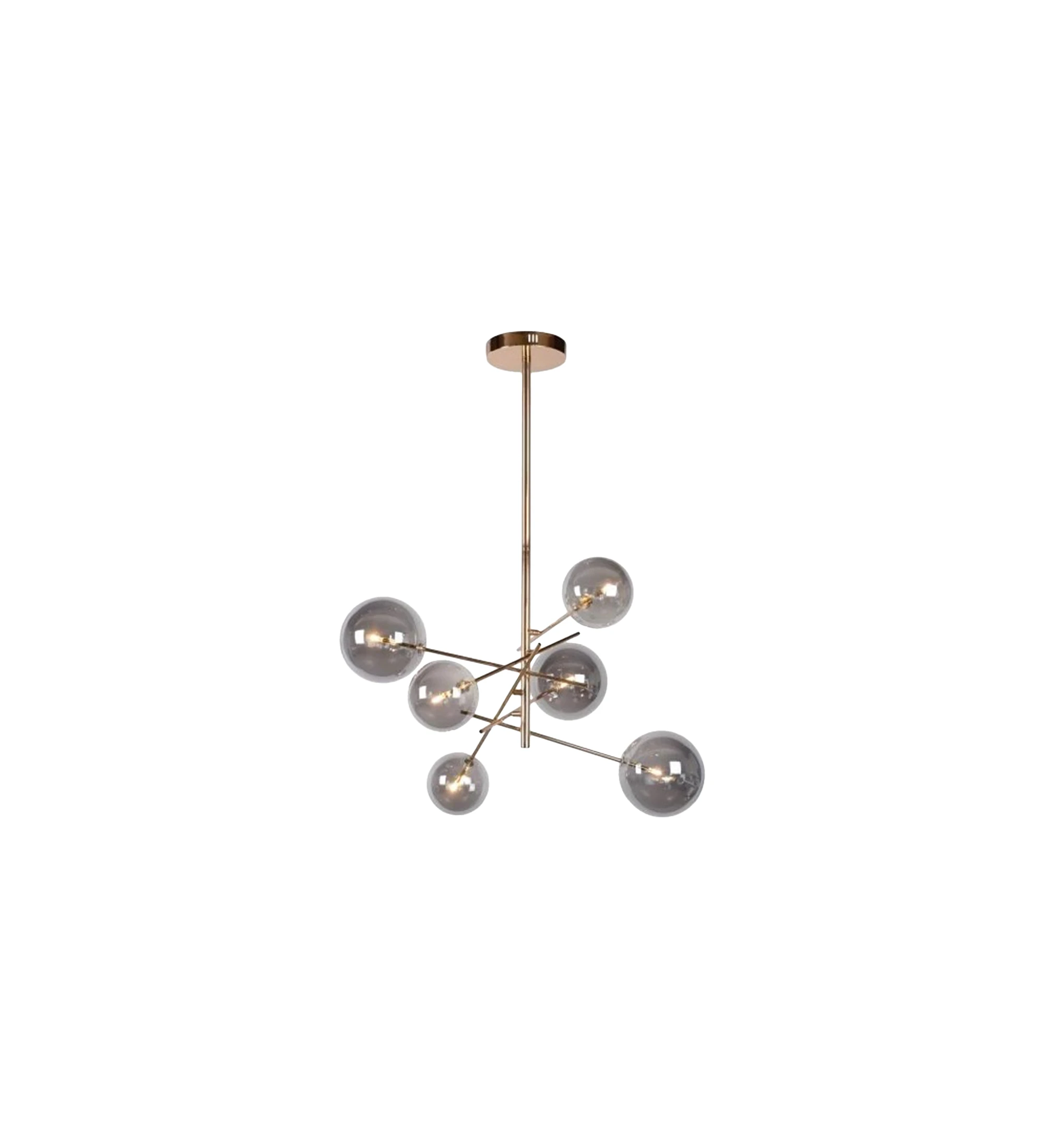 Pendant lamp in golden metal with smoky glass diffusers.