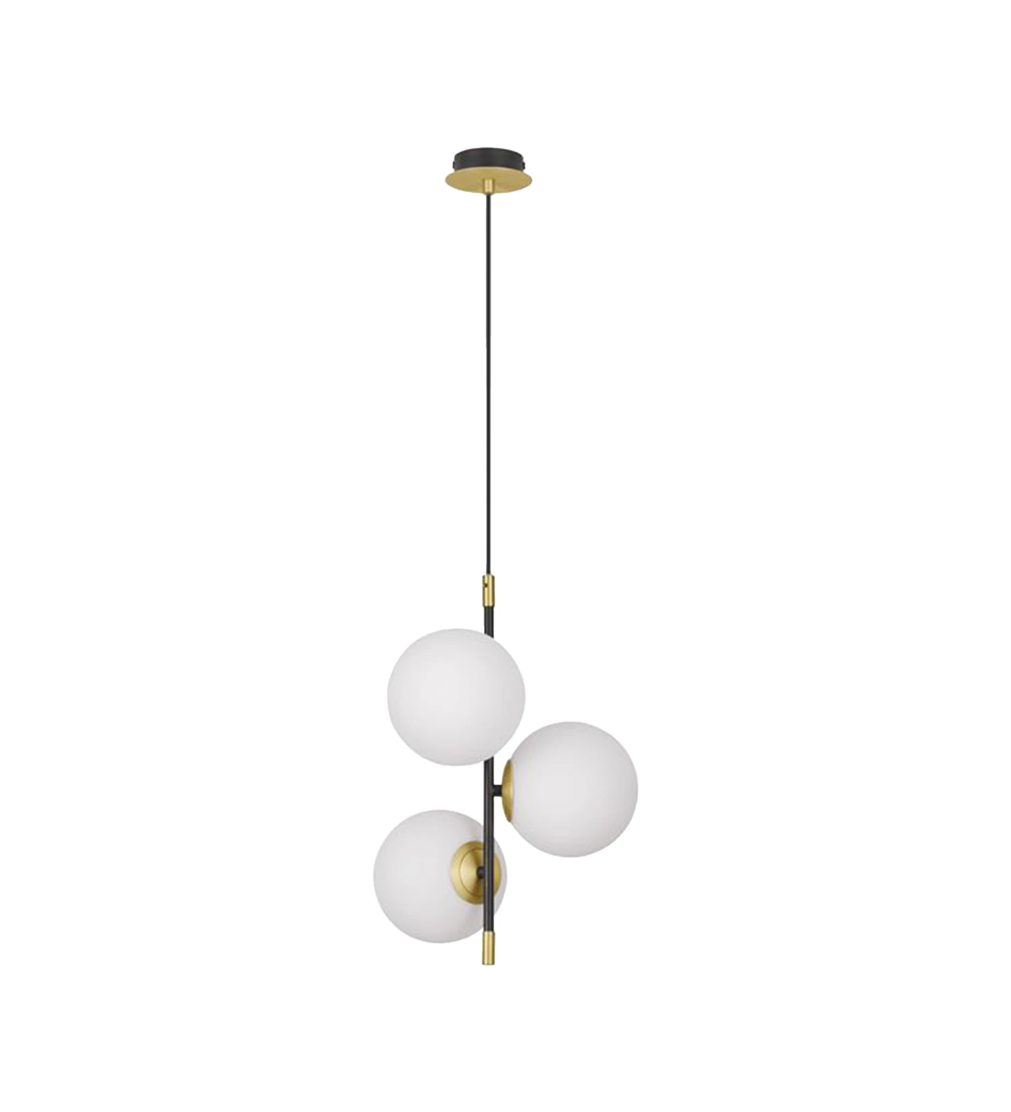  Suspension lamp in black and gold metal with opal glass diffusers.