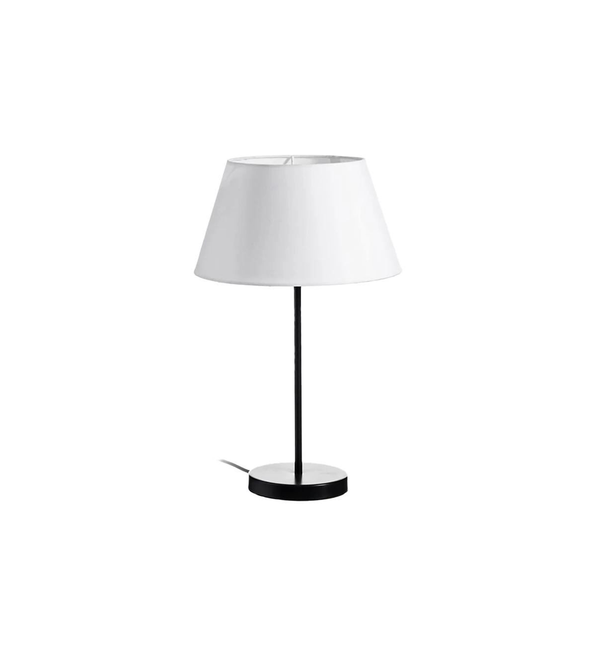 Table lamp with black painted metal base and white lined fabric shade.