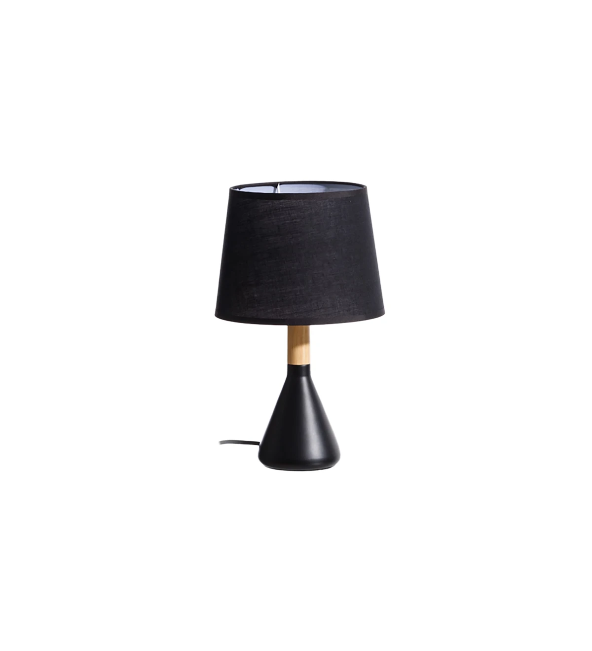  Lampe de table avec base en métal peint en noir et bois avec abat-jour en tissu noir.