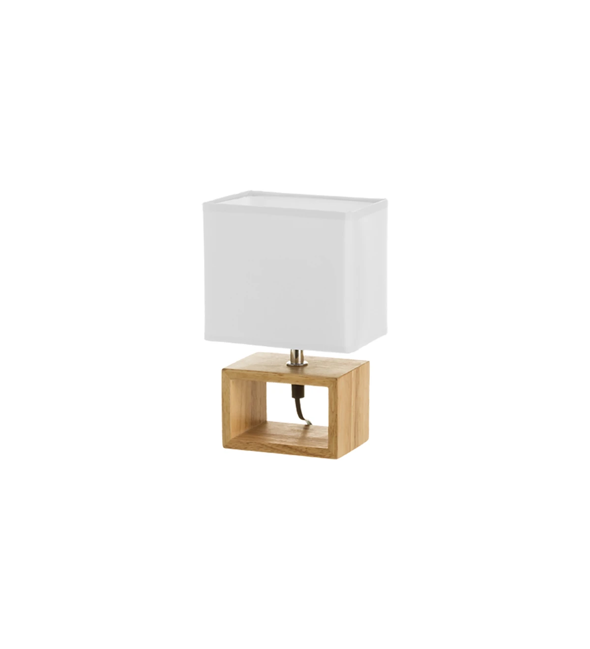  Lampe de table avec base en bois et abat-jour en tissu doublé blanc.