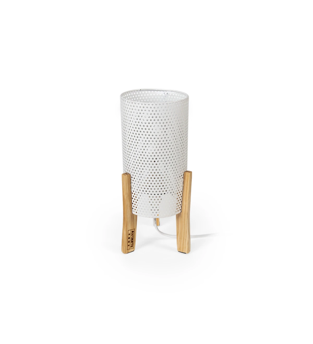  Lampe de table en métal blanc et support en bois.
