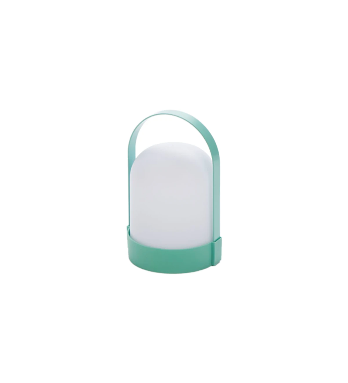Lámpara de mesa de exterior de color verde agua que funciona con pilas.