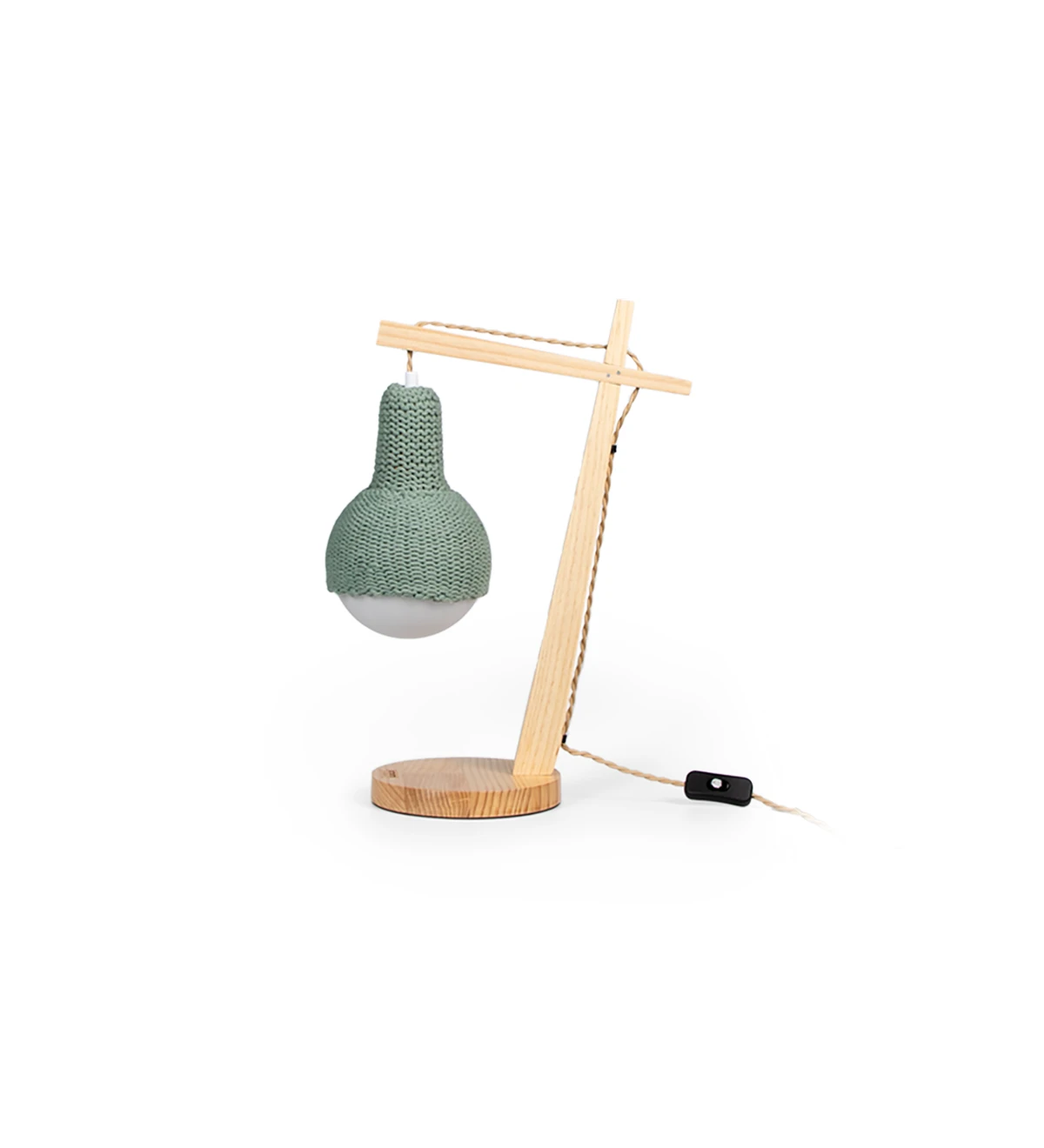  Table lamp with wooden structure and green crochet lamp.
