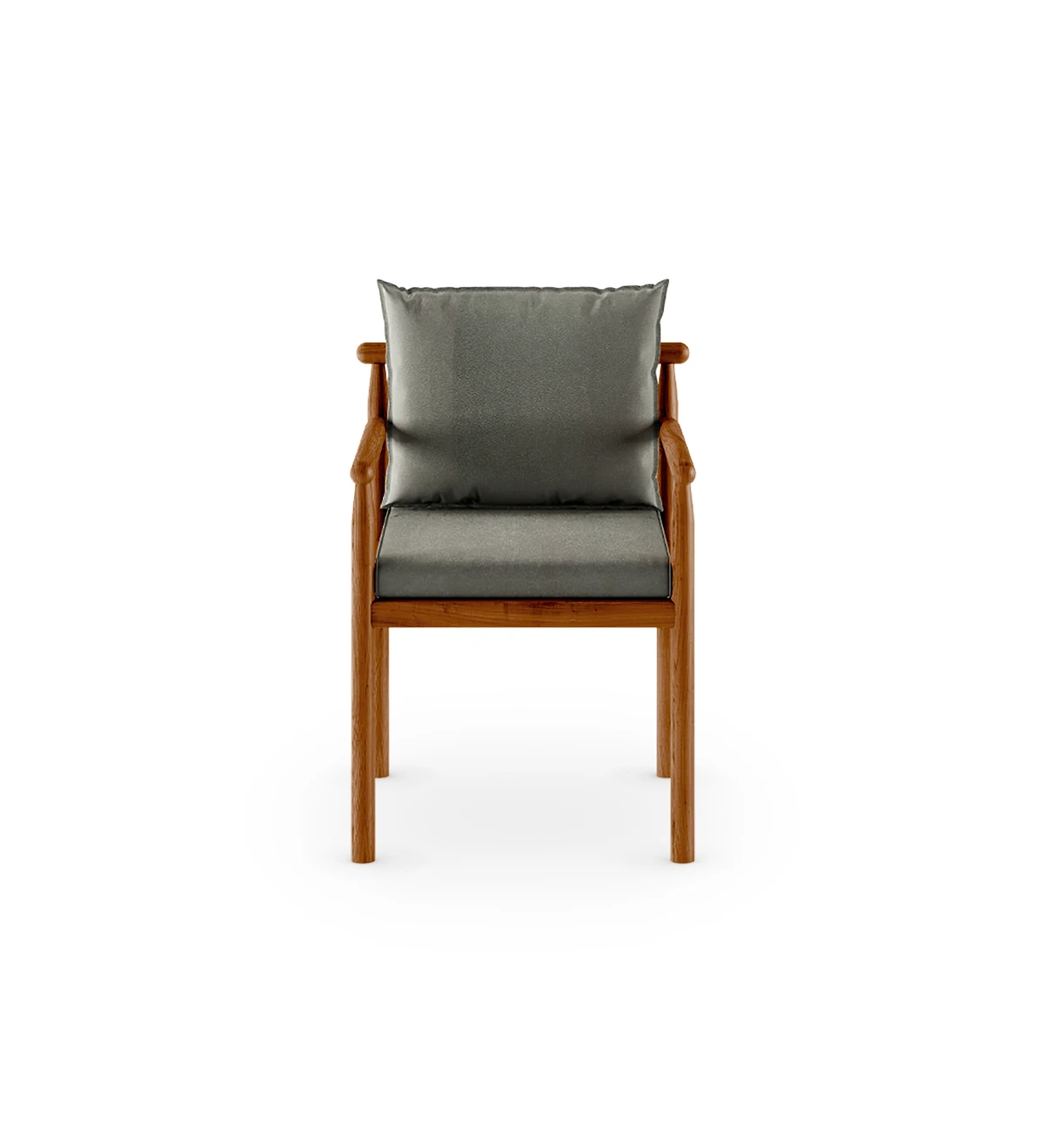 Cadeira com braços, almofadas estofadas a tecido e estrutura em madeira natural cor mel.