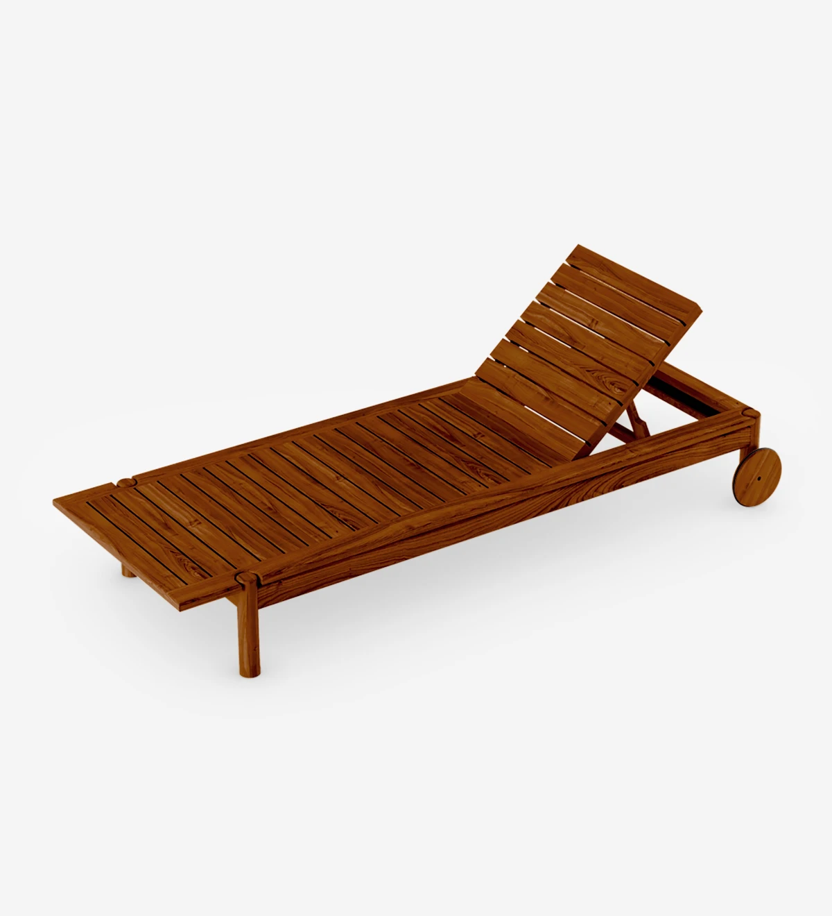 Espreguiçadeira reclinável com almofada estofada a tecido e estrutura em madeira natural cor mel.