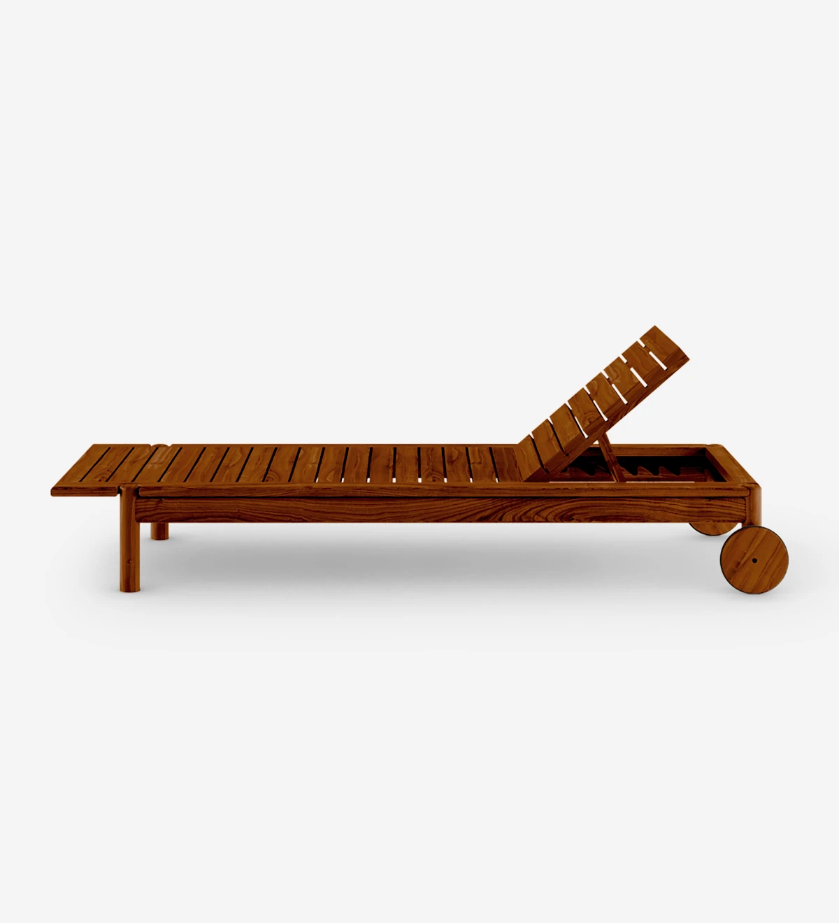 Lounger with fabric upholstered cushion and structure in honey-colored natural wood.