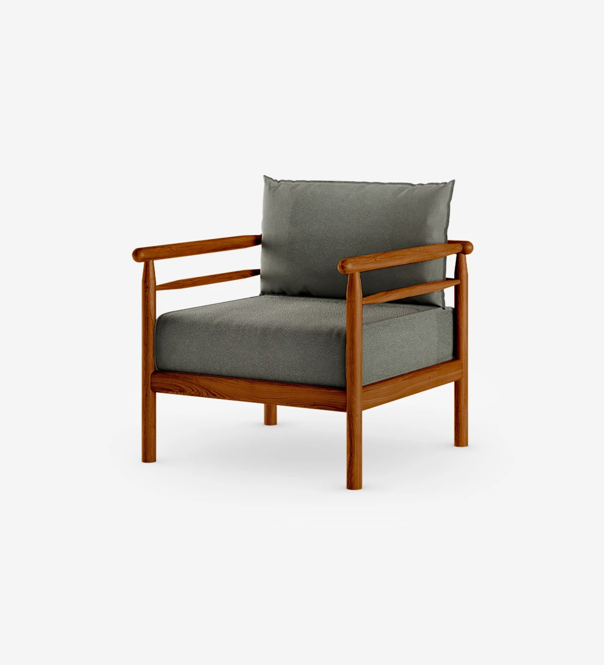 Maple with fabric upholstered cushions and structure in honey-colored natural wood.