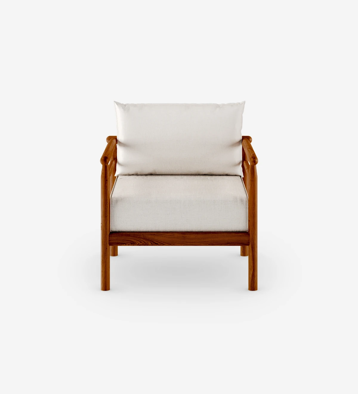 Maple with fabric upholstered cushions and structure in honey-colored natural wood.