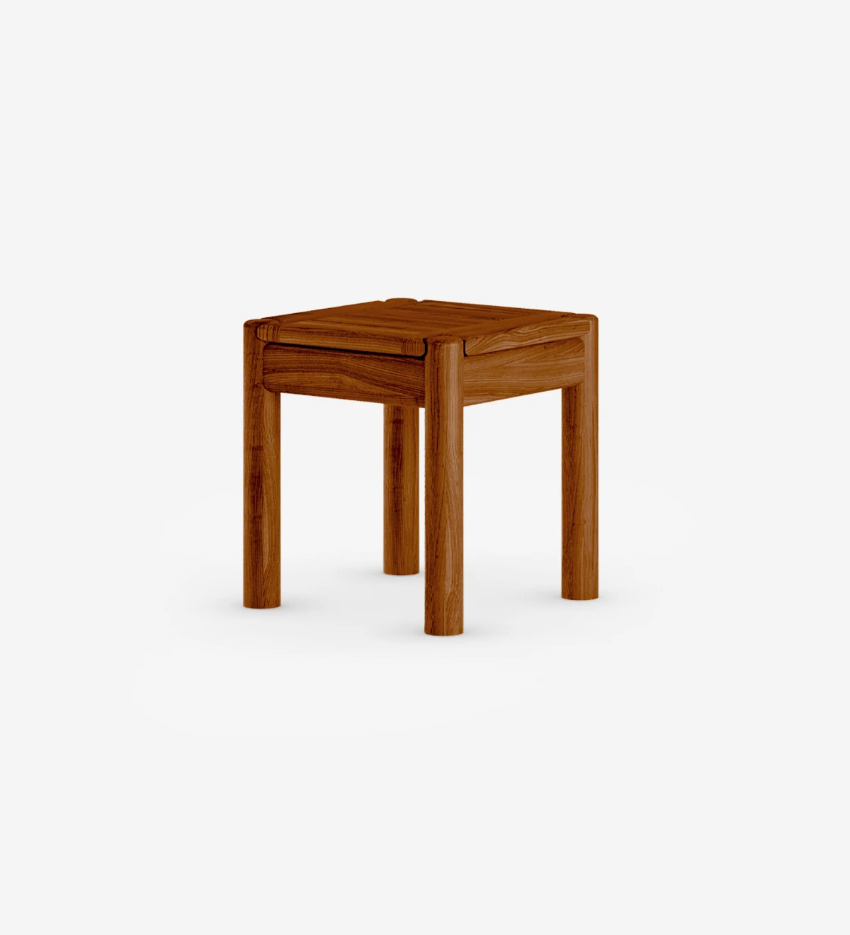 Square side table in honey-colored natural wood.