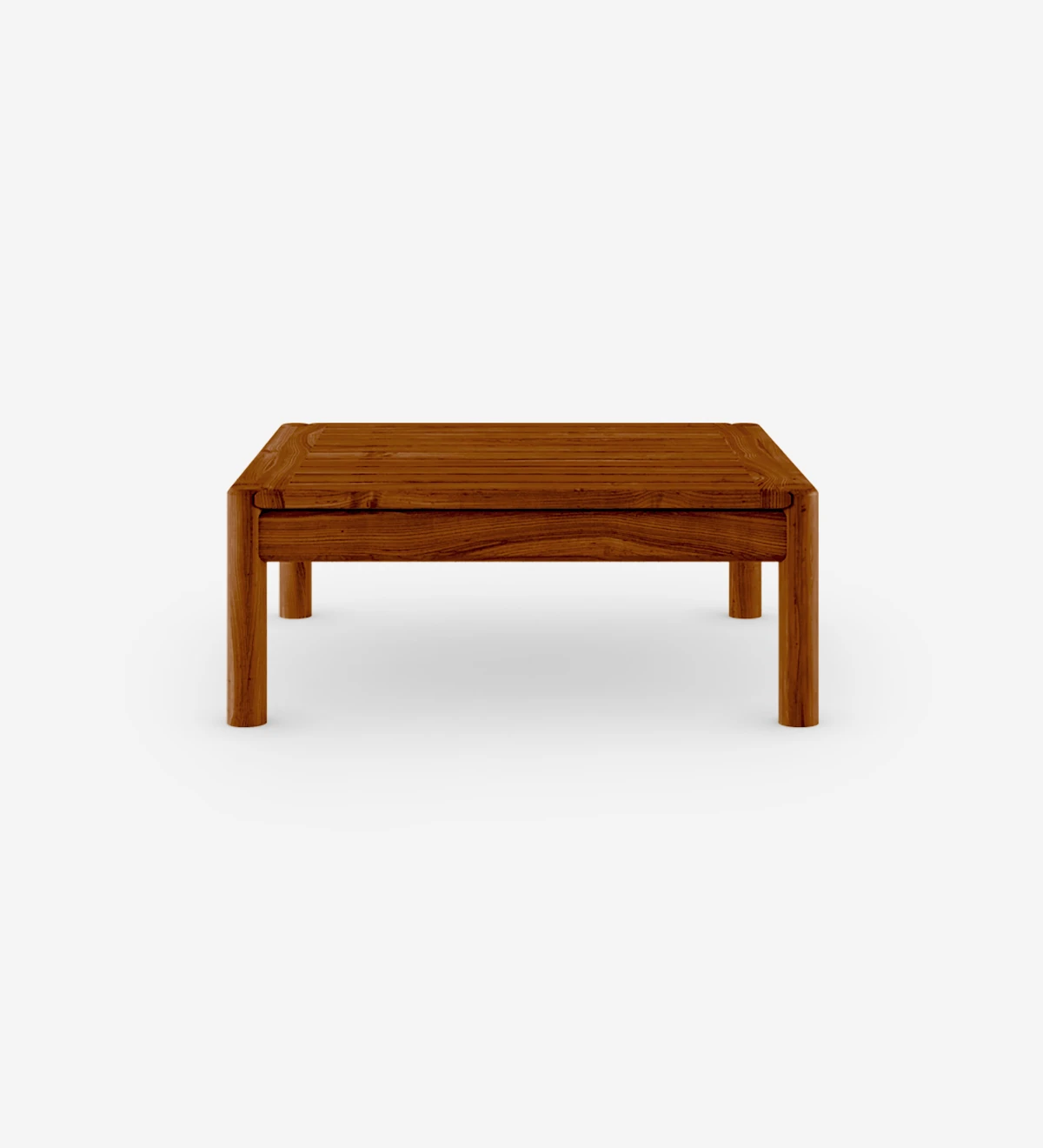 Table basse carrée en bois naturel couleur miel.