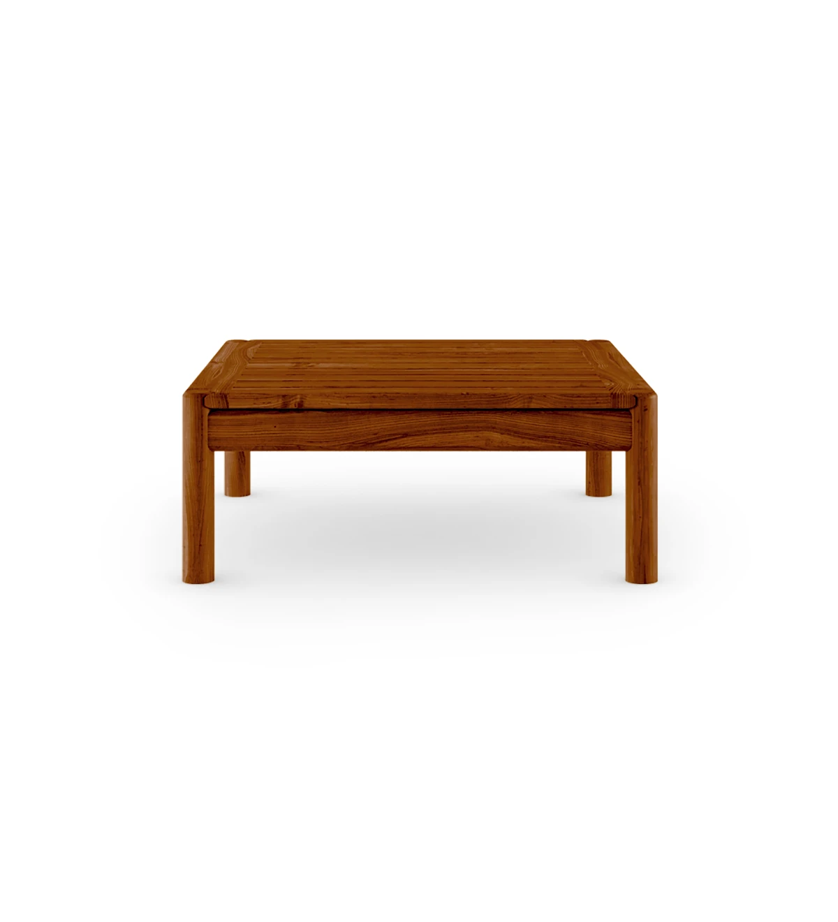 Square coffee table in honey-colored natural wood.