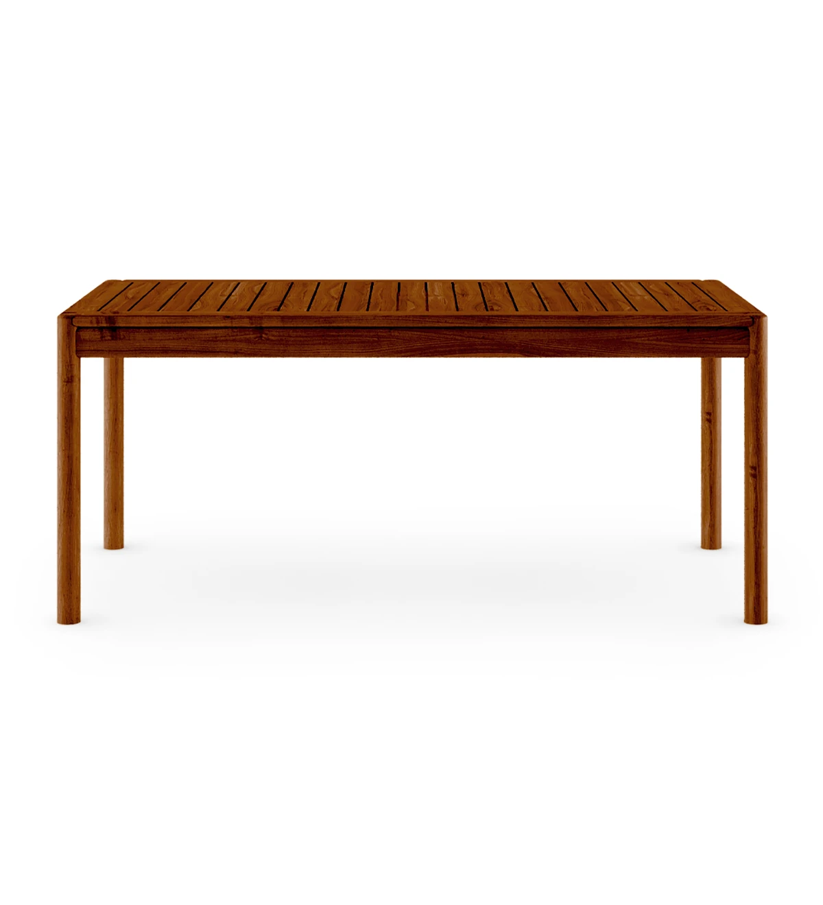 Rectangular dining table in honey-colored natural wood.