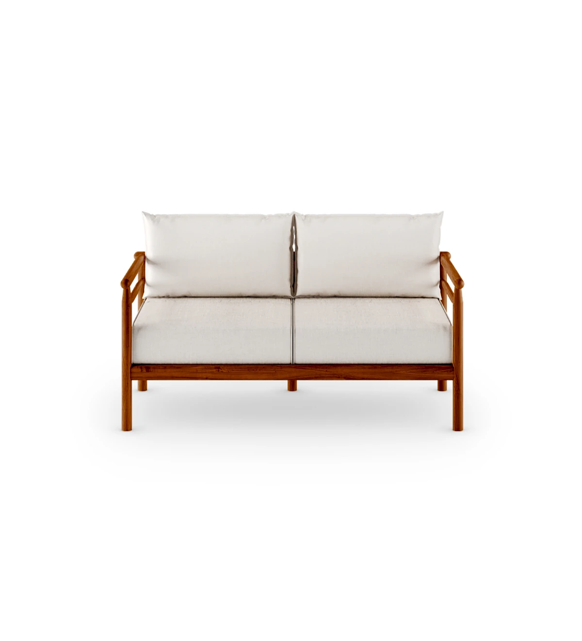 2 seater sofa with fabric upholstered cushions and honey-colored natural wood structure.