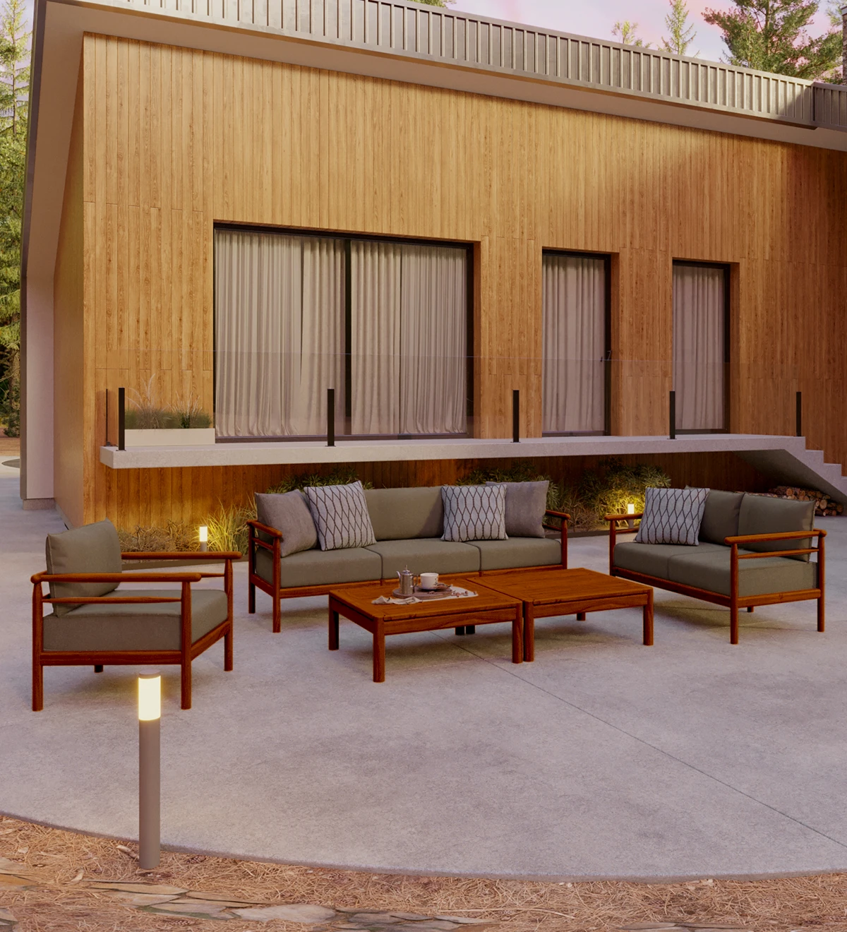 Sofá de 2 plazas con cojines tapizados en tejido y estructura de madera natural color miel.