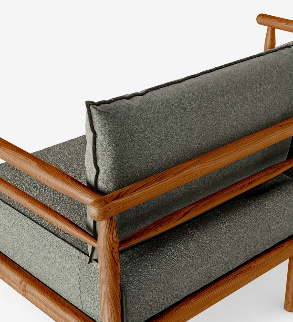 Canapé 2 places avec coussins rembourrés en tissu et structure en bois naturel couleur miel.