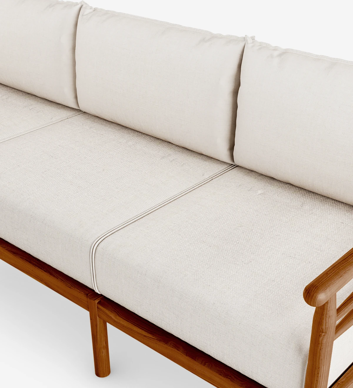 Canapé 3 places avec coussins rembourrés en tissu et structure en bois naturel couleur miel.
